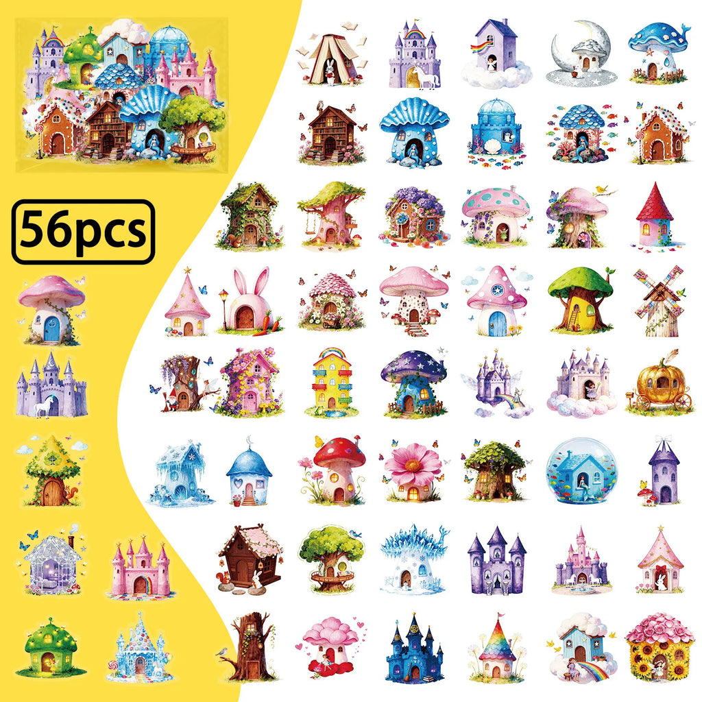56/112Pcs Fairytale Colorful Mushroom House Castle Stickers, Clear PET Decals for Stationery Notebook Fridge Luggage Guitar