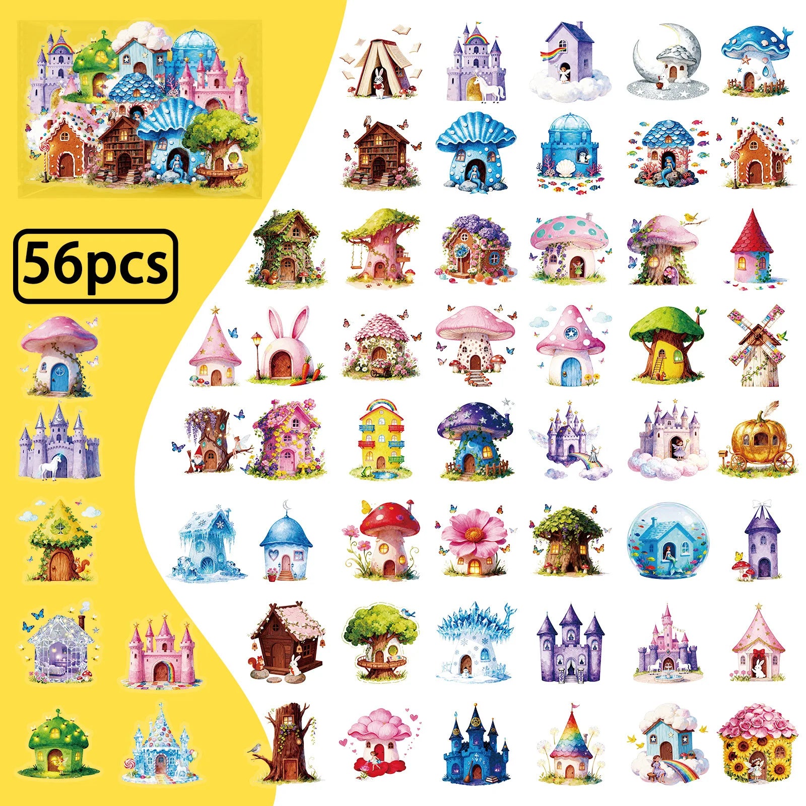 56/112Pcs Fairytale Colorful Mushroom House Castle Stickers, Clear PET Decals for Stationery Notebook Fridge Luggage Guitar