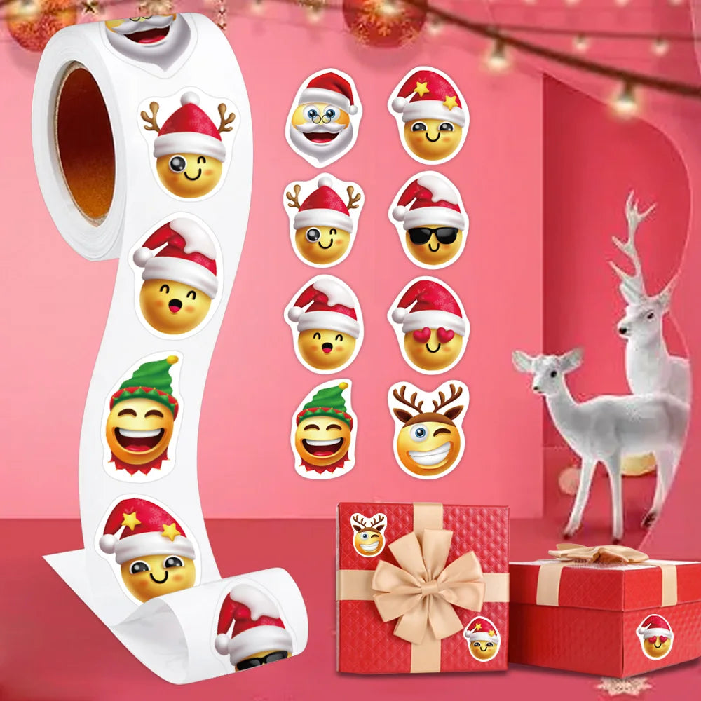 500Pcs/Roll Heterotypic Christmas Themed Funning Face Stickers 8 Designs 2.5cm/1.0'' DlY Graffiti Holiday Party Decoration label