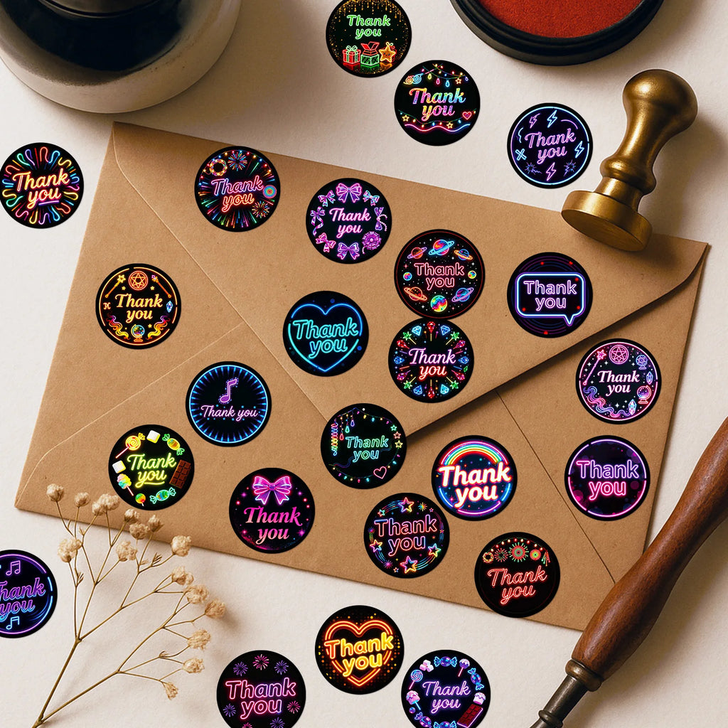 50/100PCS Colorful Neon Thank You Stickers English Decorative Stickers Waterproof Laptop Stationery Reward Stickers