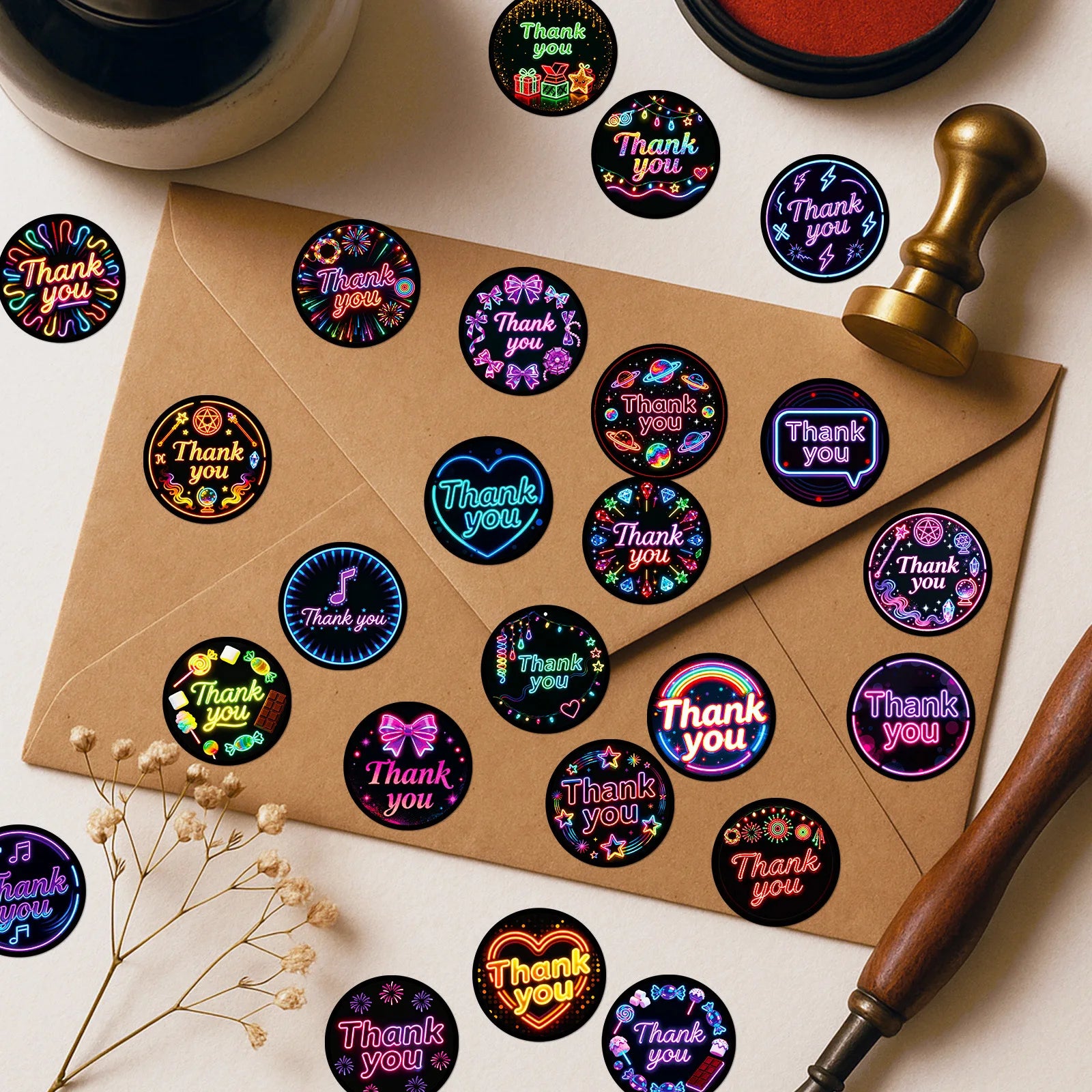 50/100PCS Colorful Neon Thank You Stickers English Decorative Stickers Waterproof Laptop Stationery Reward Stickers