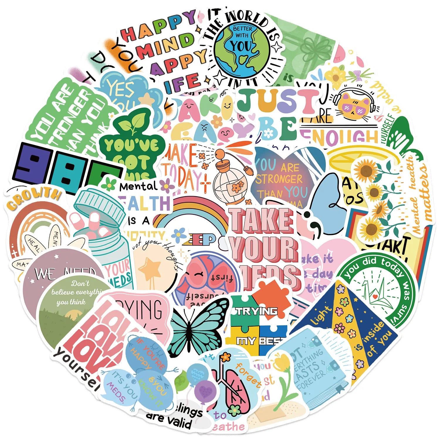 50PCS Cartoon Mental Health Graffiti Stickers Decorative Guitar Notebook Luggage DIY Waterproof Pen Holder Stationery Stickers