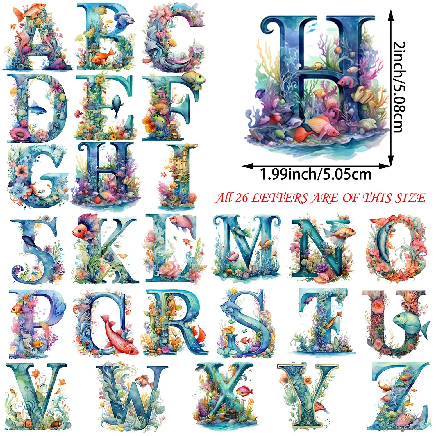 2 Sets of 2 Inch Personalized Floral English Alphabet Theme Print Iron-On Decals for Heat Transfer Galaxy Inspirational Decals