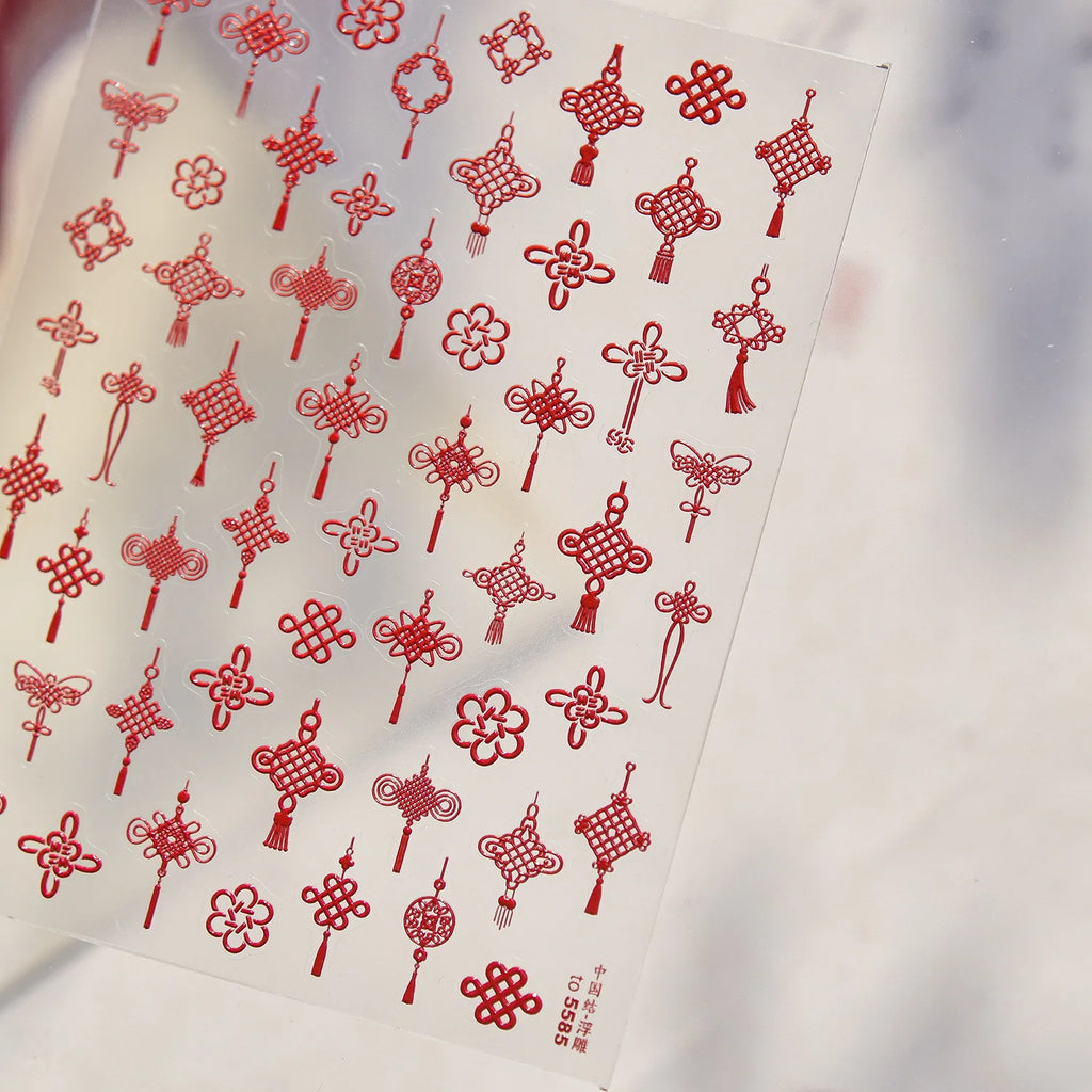 Chinese knot Adhesive Nails 3D Decorations Stickers 5D Embossed Nail Stickers 2026 New Year Nail Art Sticker Manicure Decals DIY