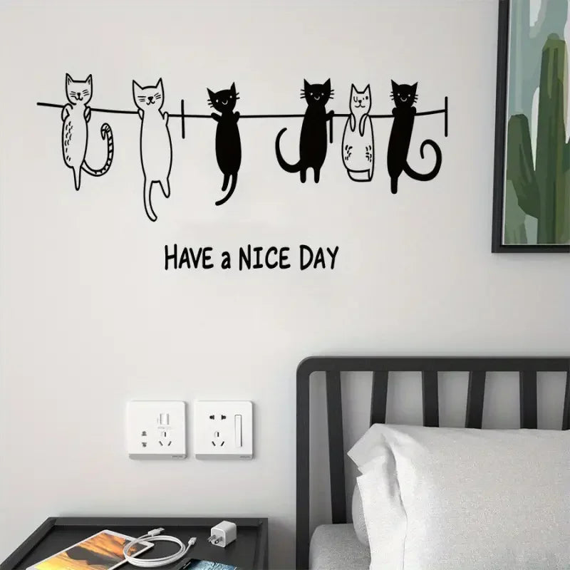 Self-Adhesive No-Residue Wall Stickers - Whimsical Black & White Cat Design, Waterproof & Reusable, Easy Peel & Stick for Bedroo