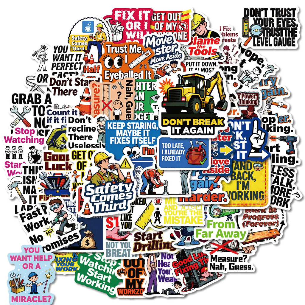 56PCS Construction Site Fun Quote Stickers, Safety Humor Decals Student Notebook Fridge Creative Aesthetic Decal Sticker