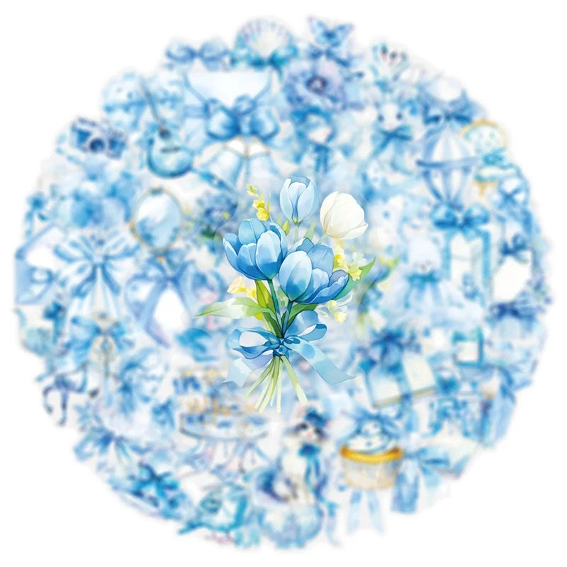 50PCS Kawaii Blue Bow PET Sticky Sticker Aesthetic Tear Open Korean Decoration Scrapbooking Stationery Supplies for Kids