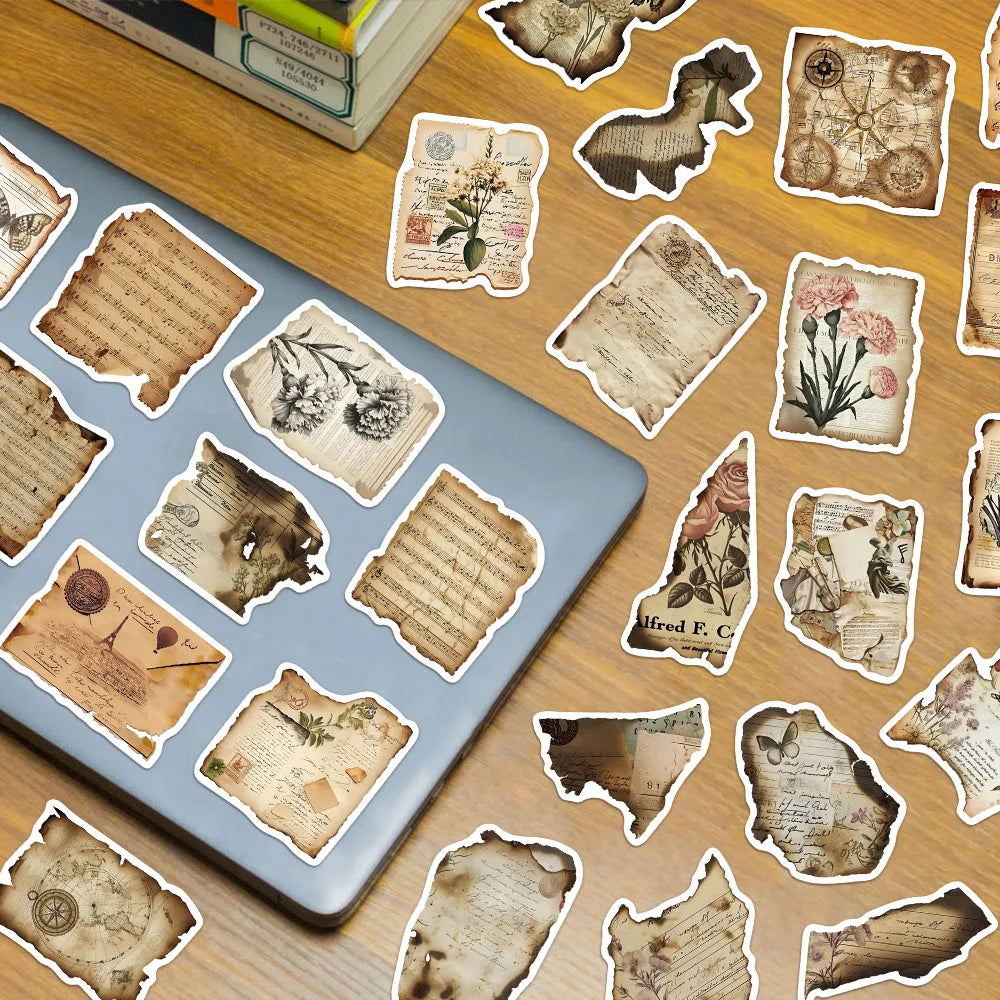 50PCS Vintage Burnt Paper Decorative Stickers DIY Scrapbook Phone Case Laptop Tablet Toy Decorative Stickers
