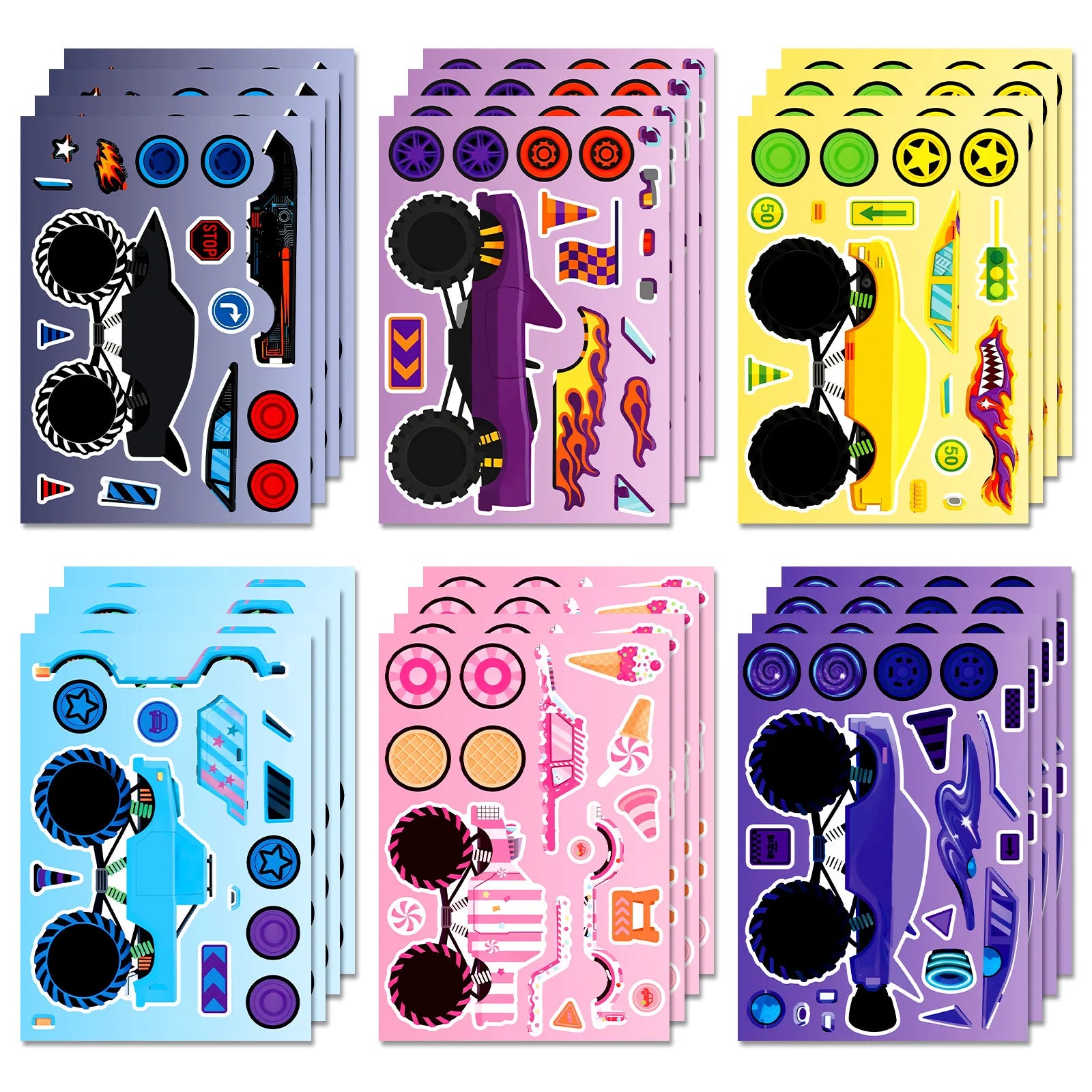 6/12/18Pcs Monster Racing Puzzle Stickers, Funny DIY Decals for Stationery Laptop Fridge Car Helmet Suitcase Decor