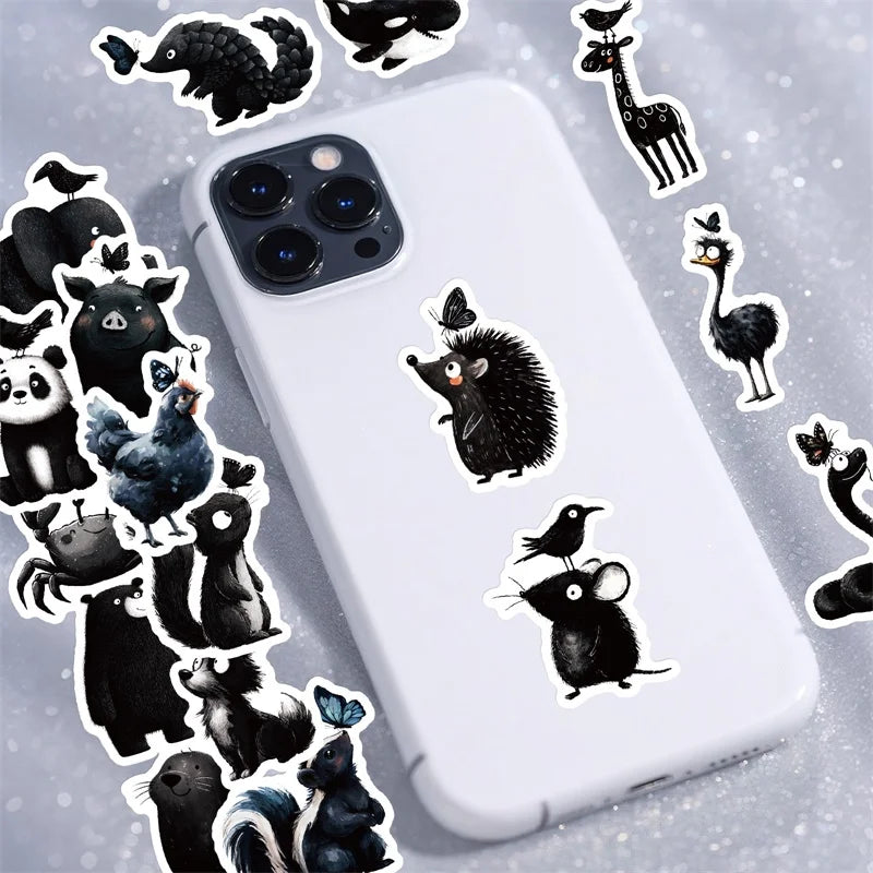 10/30/56PCS Cartoon Black Animal PVC Sticky Sticker Aesthetic Colored Children's DIY Decoration Scrapbooking School Supplies