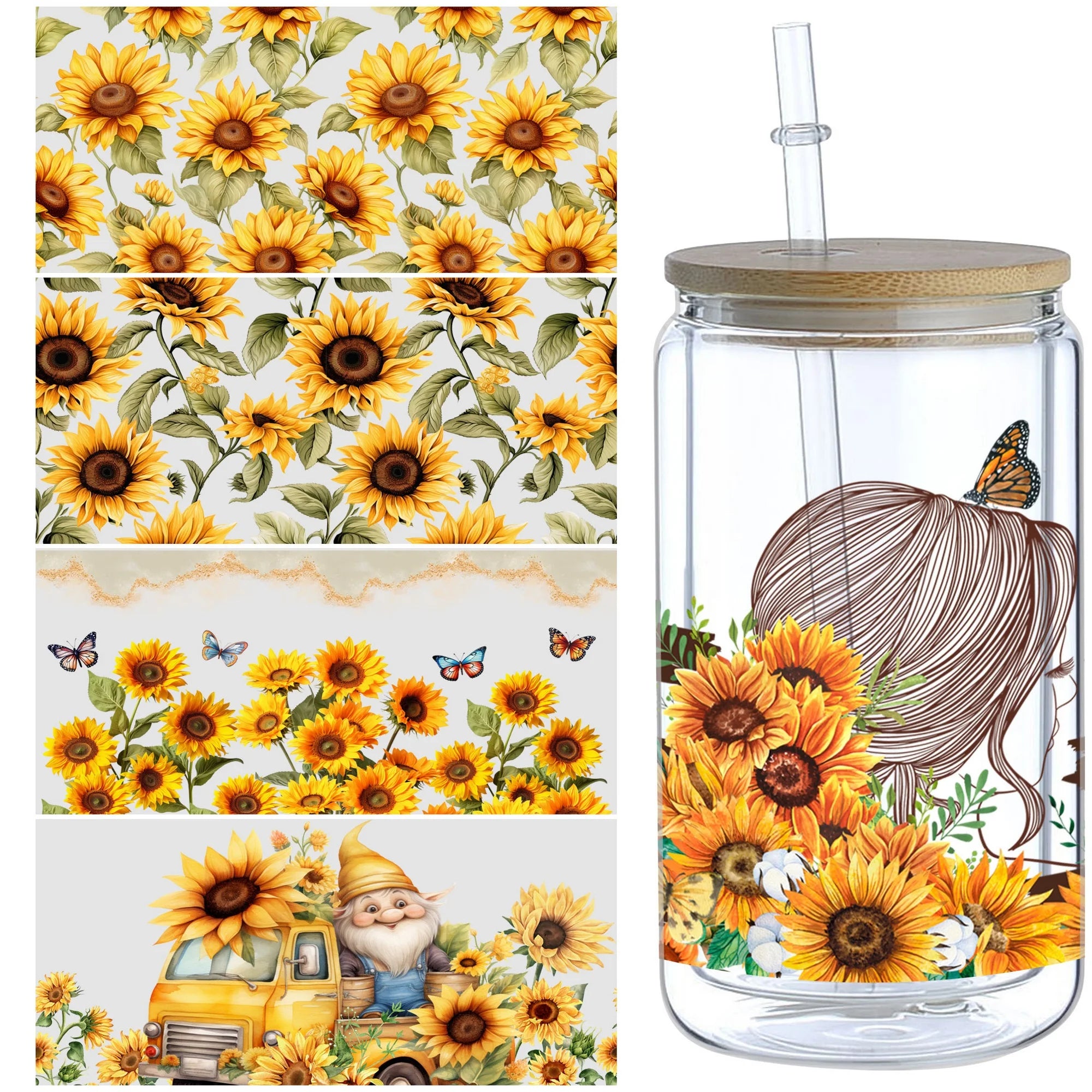 5 Sheets Plant UV DTF Cup Stickers, DTF Friction Transfer Stickers, Waterproof Butterfly Transfer Stickers for 16oz Glass Cups