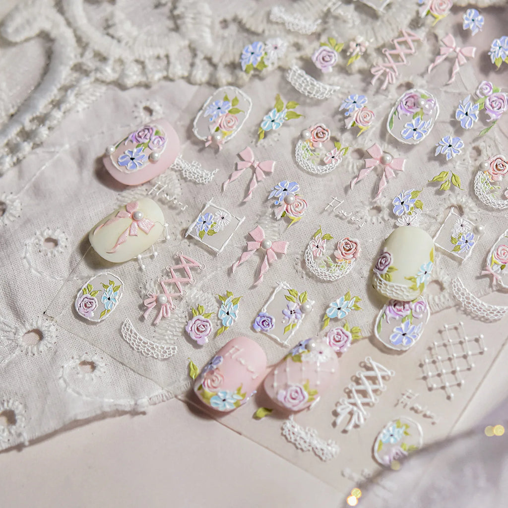 Classic White Flowers Nail Charms Stickers 5D Embossed Pearls Flowers Ribbon Design Nail Art Stickers DIY 3D Manicure Decoration