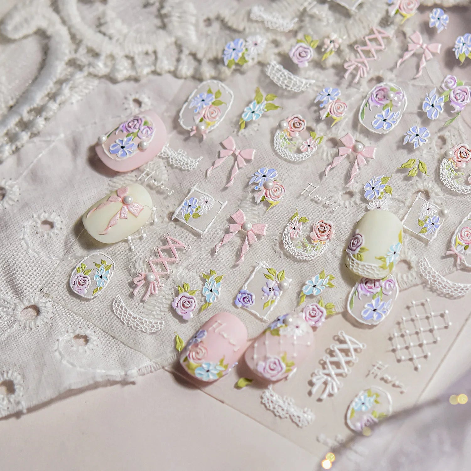 Classic White Flowers Nail Charms Stickers 5D Embossed Pearls Flowers Ribbon Design Nail Art Stickers DIY 3D Manicure Decoration