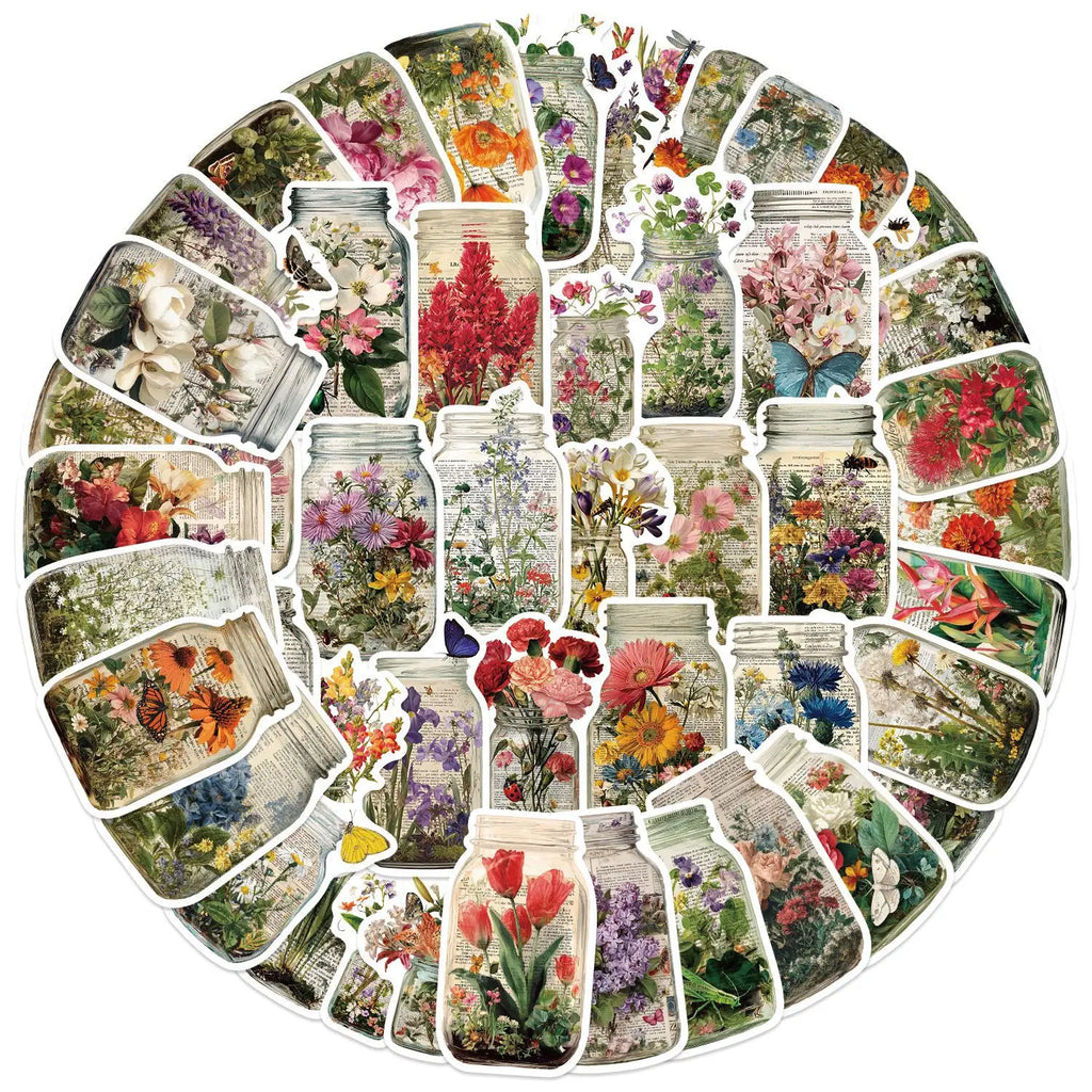 50/100Pcs Retro Flower Bottle Doodle Sticker School Stationery Notebook Decals Guitar Laptop Luggage DIY Waterproof Stickers
