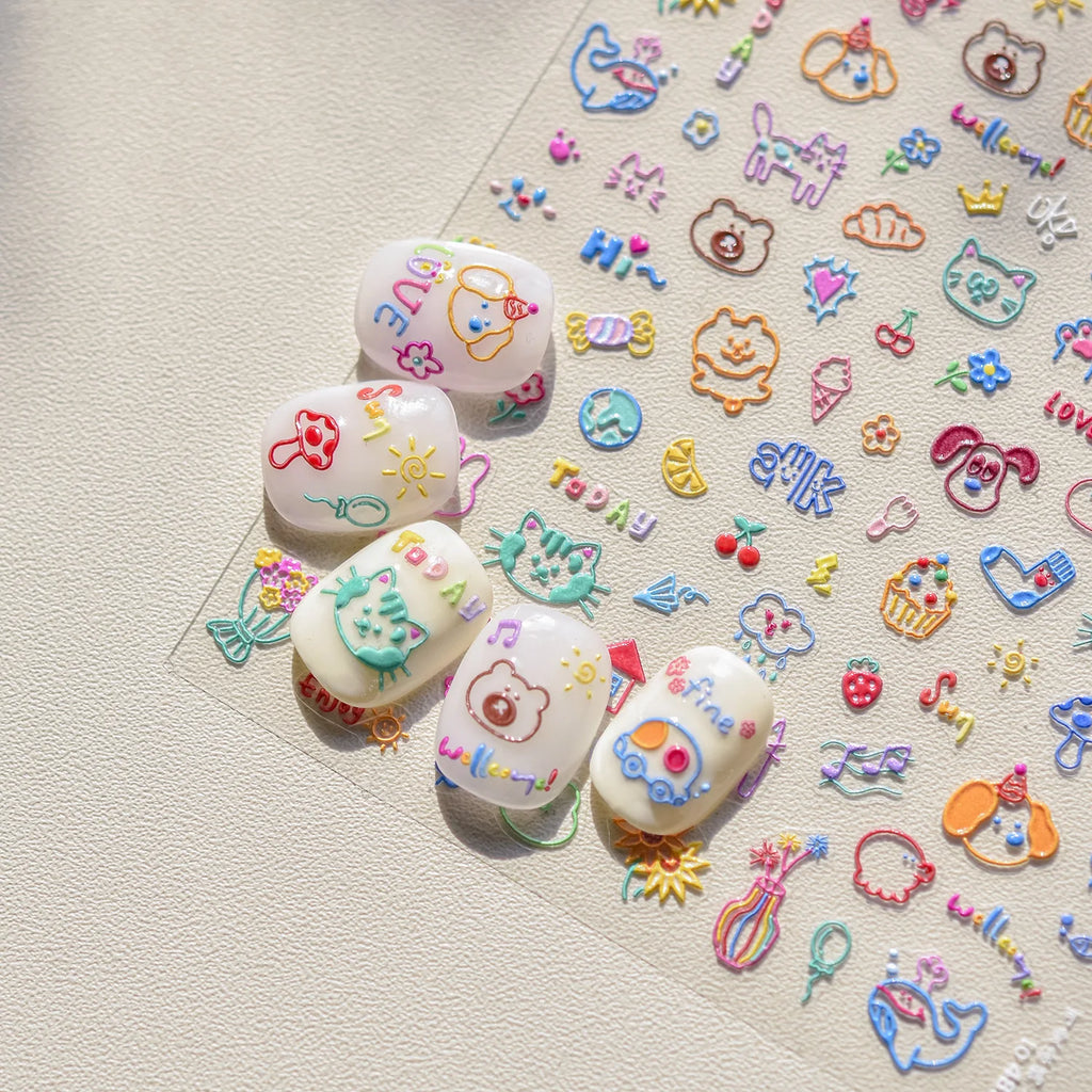 Cute Graffiti Nails Sticker 3D Simple Cat Claw Rabbit Bear Dog Flower Lovely Animal Fruit Adhesive 5D Embossed Nail Art Stickers