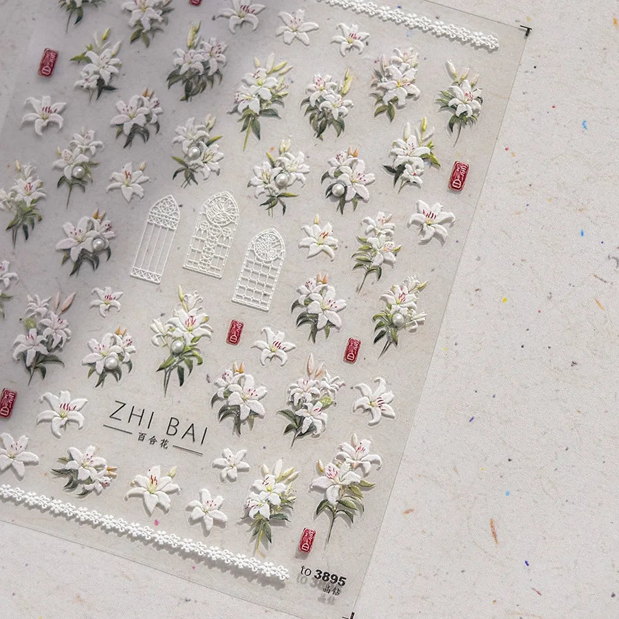 Classic White Flowers Nail Charms Stickers 5D Embossed Pearls Flowers Ribbon Design Nail Art Stickers DIY 3D Manicure Decoration
