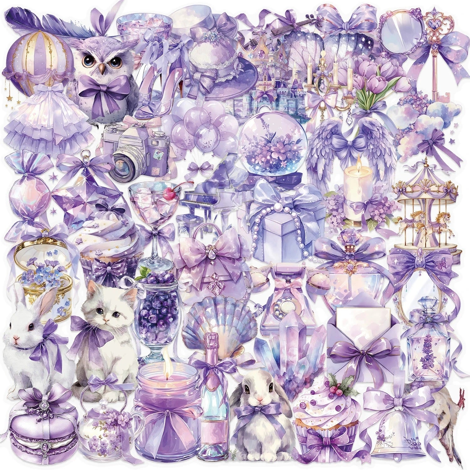 50/100PCS Cartoon Purple Dream Stationery Notebook Sticker Pack Waterproof Transparent PET Decorative Guitar Laptop Stickers