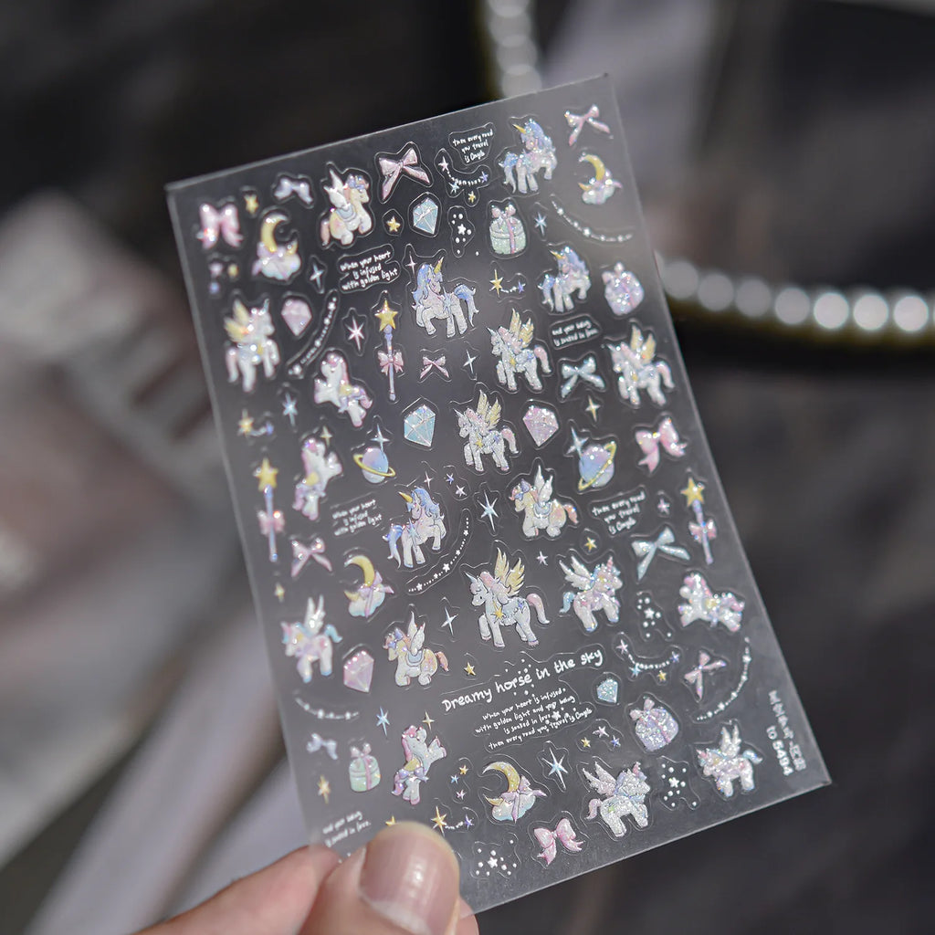 Glitter Starry Sky Dream Horse Nail 3D Decorations Stickers 5D Shell Light Dreamy Nail Art Stickers Self Adhesive Manicure Decal