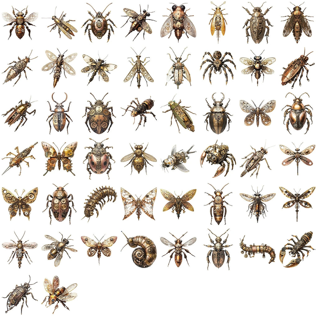 50/100PCS Steampunk Insect Cartoon Stickers Transparent PET Creative Stickers Waterproof Decorative Stationery Cups