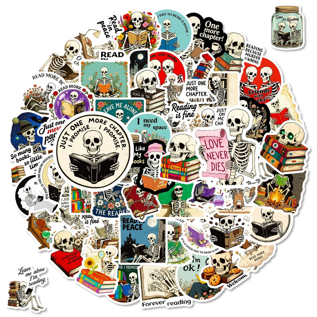 56PCS Skeleton Reading Graffiti Stickers Creative Personalized Cartoon Text Stickers Decorative Guitar Notebook