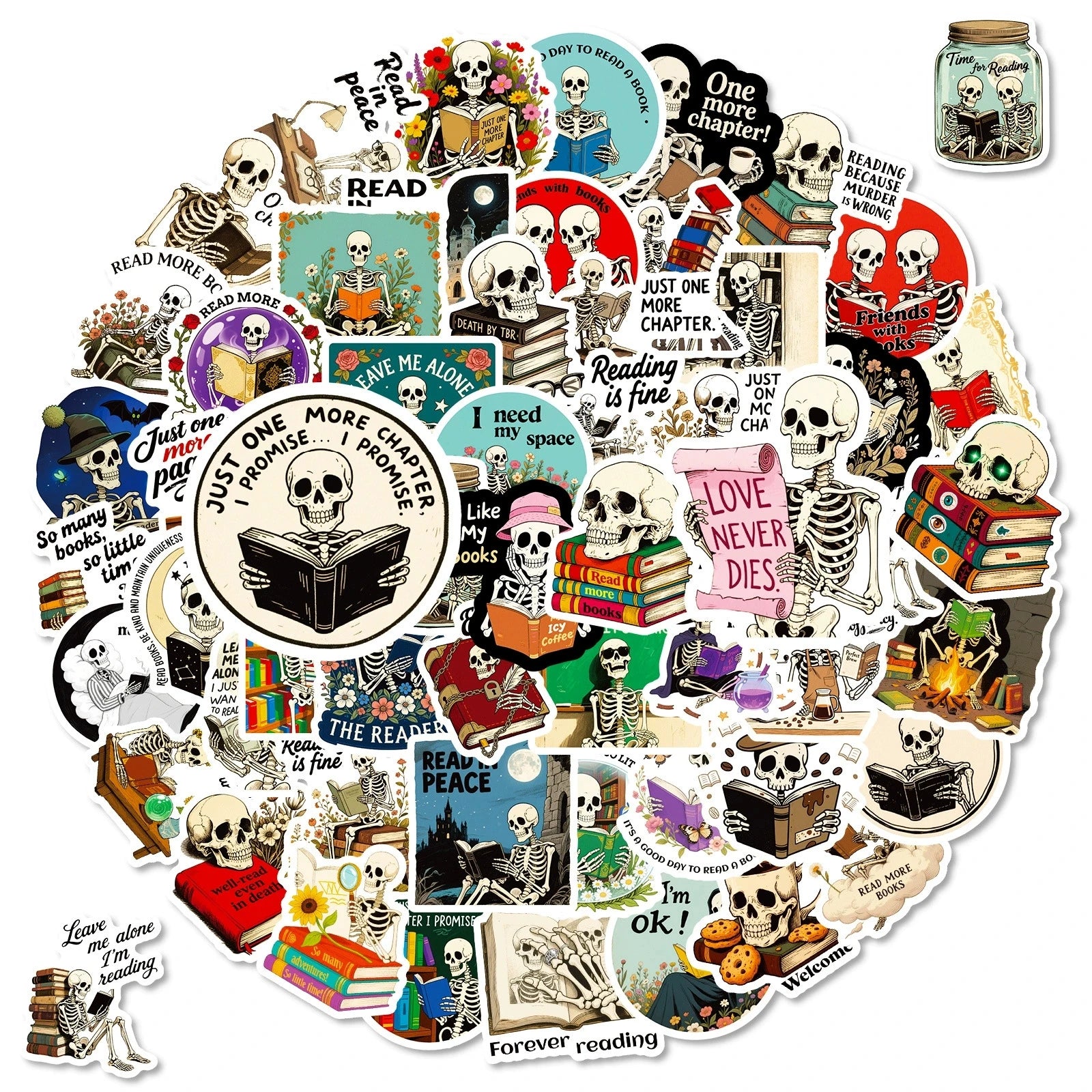 56PCS Skeleton Reading Graffiti Stickers Creative Personalized Cartoon Text Stickers Decorative Guitar Notebook