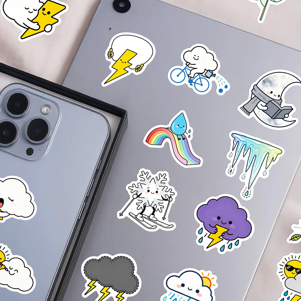 56/112 Pcs Weather Cartoon PET Transparent Fun Stickers for Stationery Box Suitcase Fridge Drawer Cup Phone Laptop