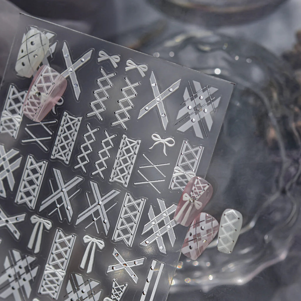 Relief Nail Stickers Elegant White Tie Bowkont Line Design Nails Decorations Stickers DIY Back Blue Manicure Accessories Decals