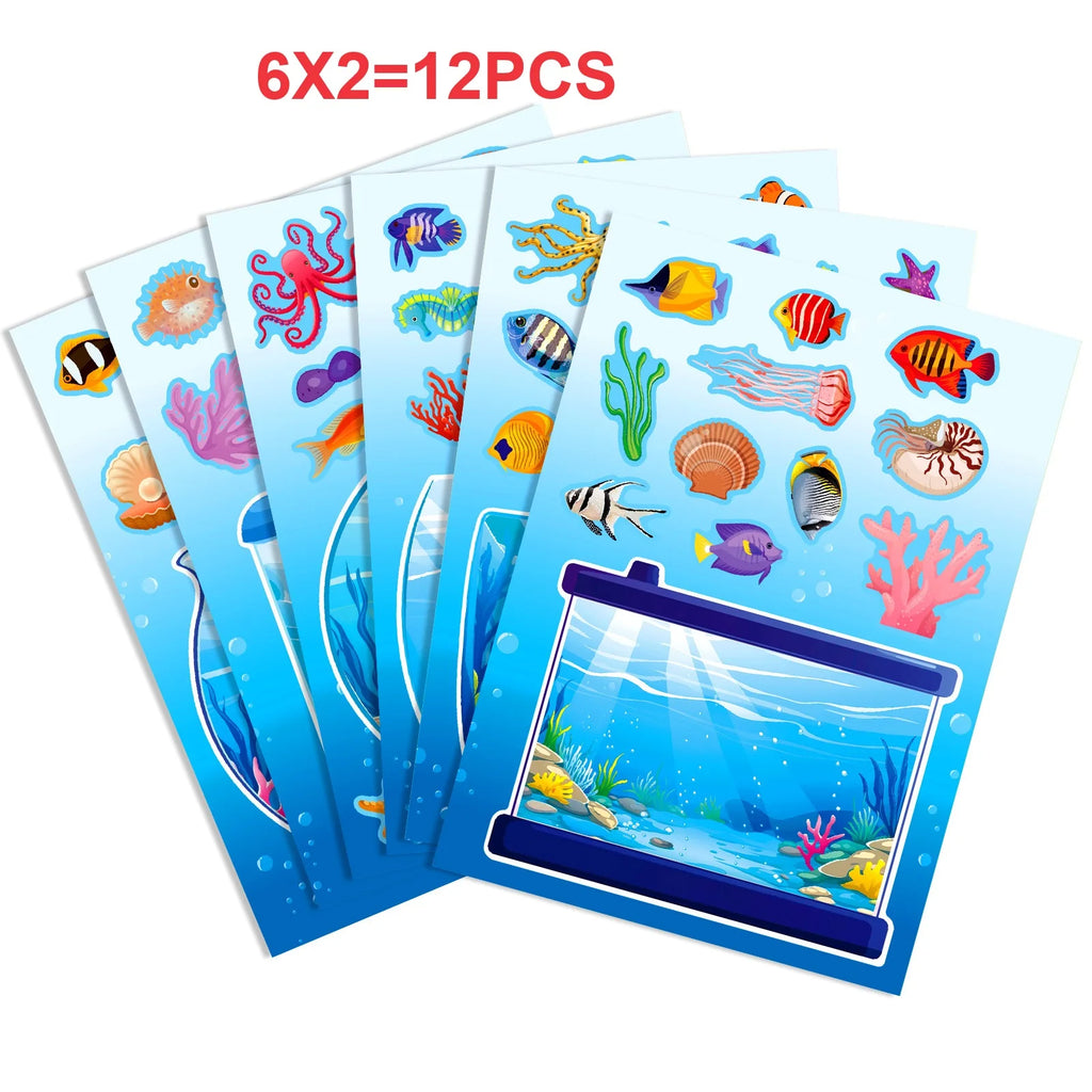 6/12PCS Underwater World Fish Tank Decoration Puzzle Stickers Cartoon Fun Puzzle Handmade Stationery Stickers