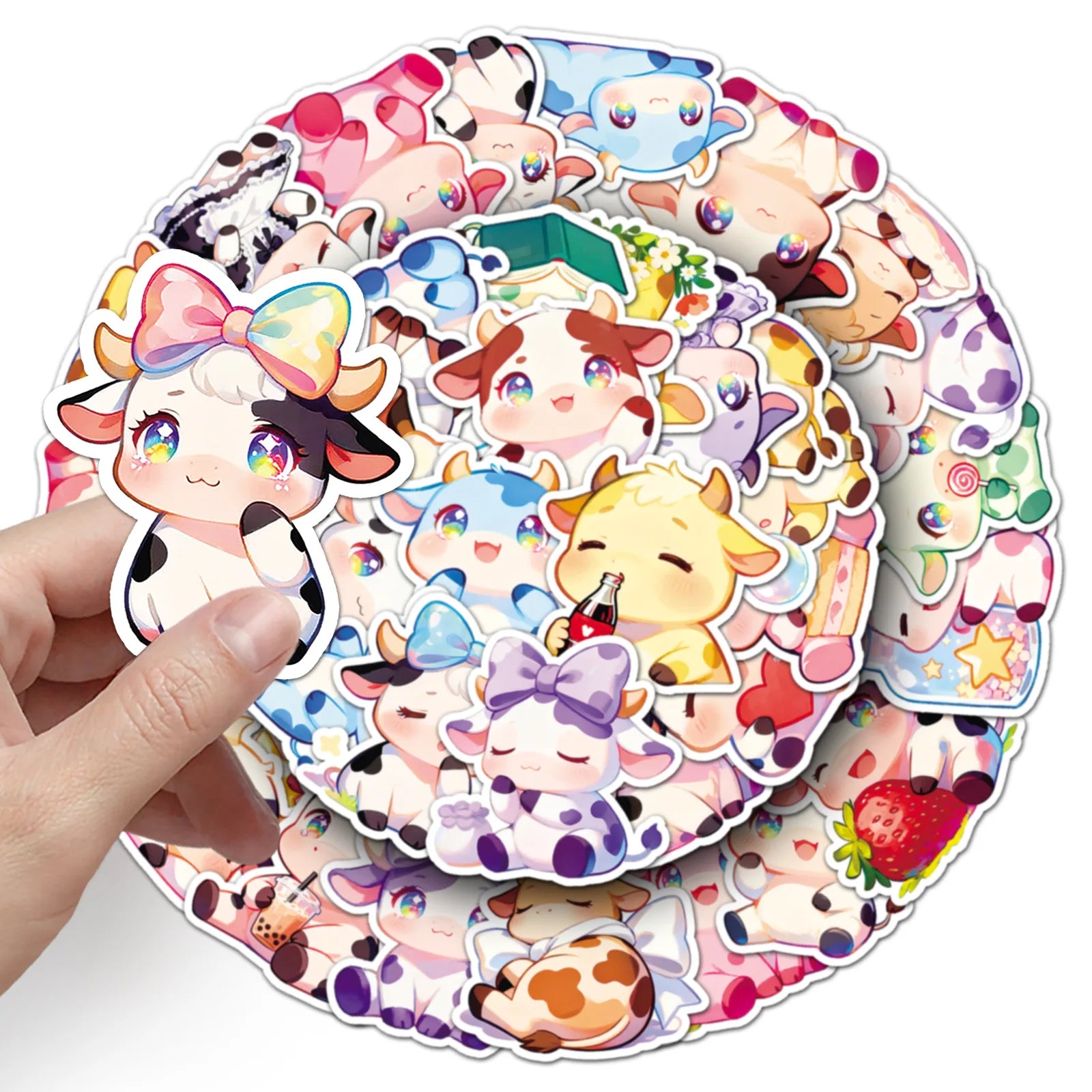 50-Pack Cute Colorful Cow Cartoon Animal Sticker Waterproof DIY Decor Stickers for Phone Case Insulated Mug Student Stationery