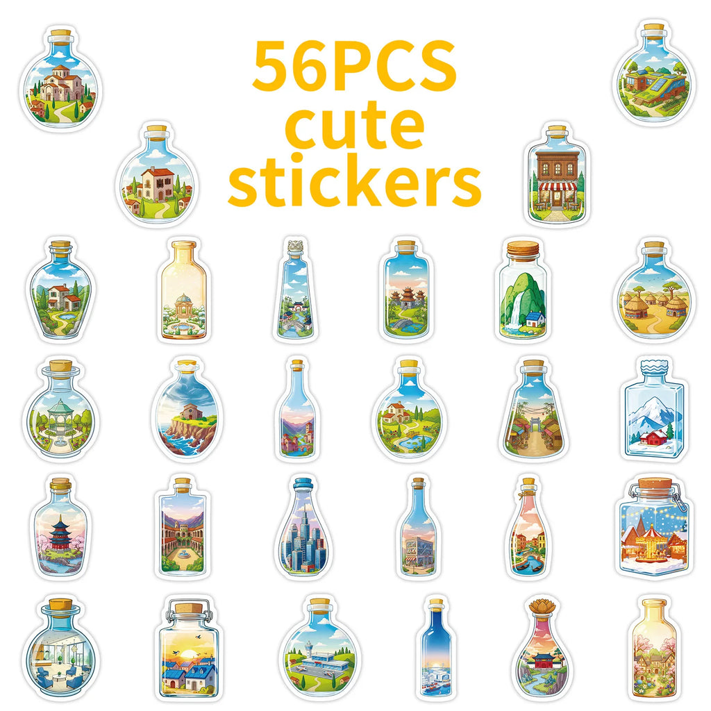 56/112PCS Bottle World Glass Cartoon Stickers Miniature Landscape Building Dreamy Healing Waterproof Stationery Reward Stickers