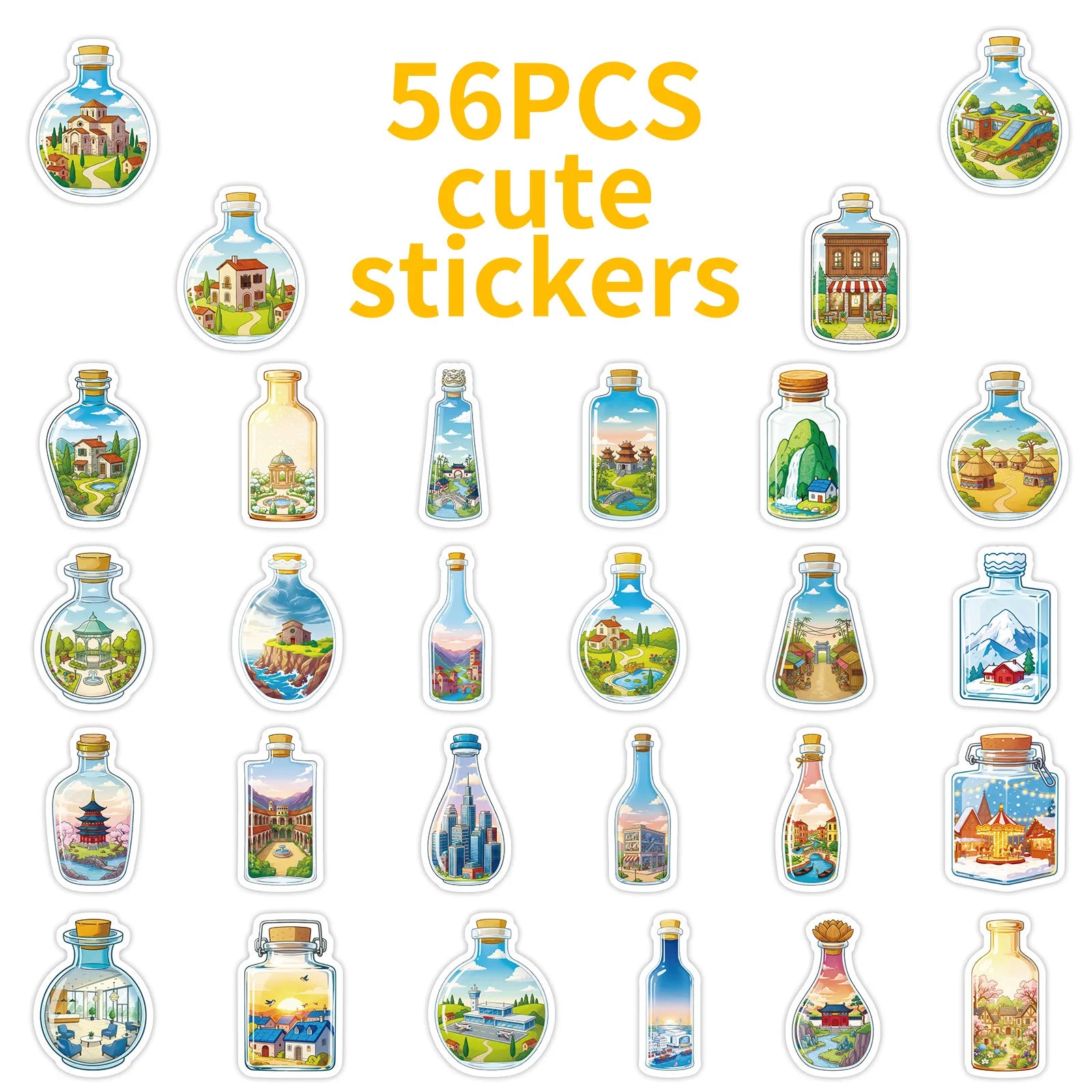 56/112PCS Bottle World Glass Cartoon Stickers Miniature Landscape Building Dreamy Healing Waterproof Stationery Reward Stickers
