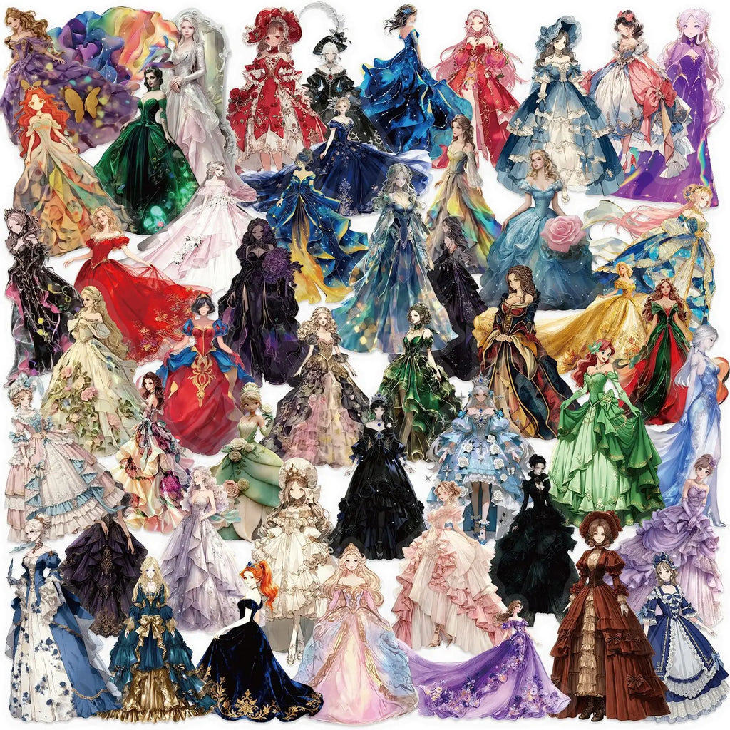 50/100 PCS Cartoon Beautiful Princess Skirt Stickers Waterproof Transparent PET Decor Guitar Notebook Reward Stationery Stickers