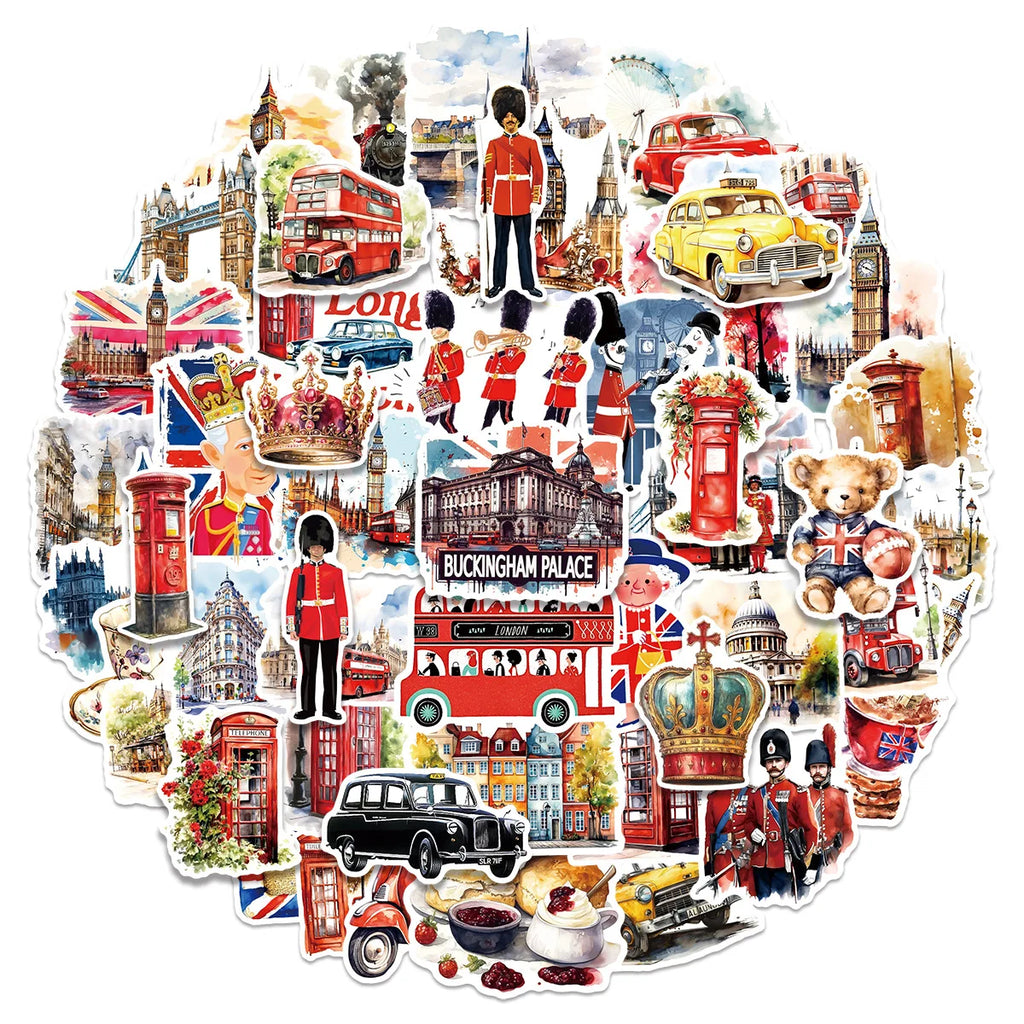 50-Pack Watercolor London Scene Stickers Students Guitar Notebook Luggage DIY Waterproof Decals