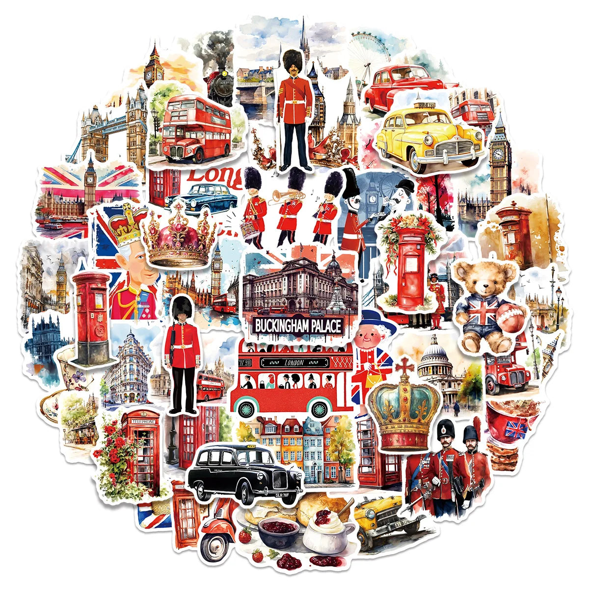 50-Pack Watercolor London Scene Stickers Students Guitar Notebook Luggage DIY Waterproof Decals