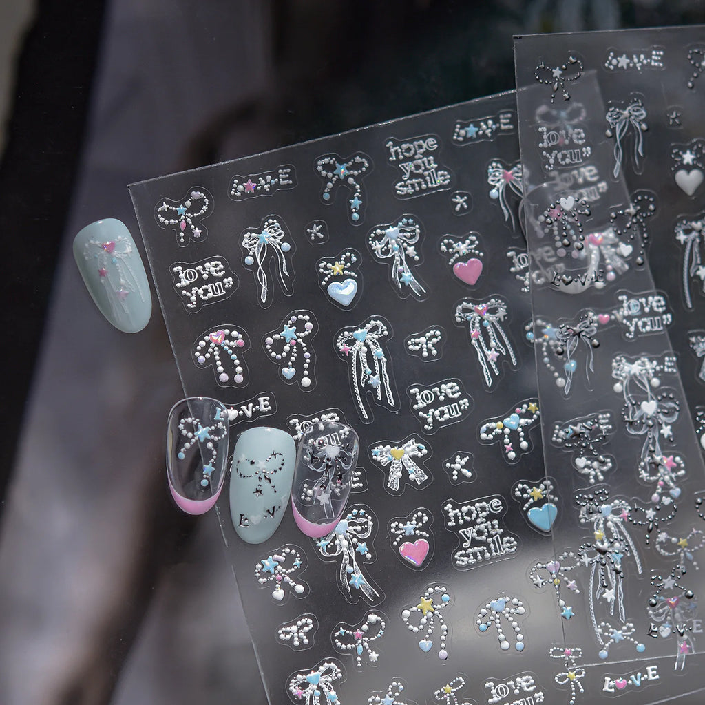Metal Sticker Nail 3D Kawai Dreamy Star-dotted Butterfly Nail Charms Stickers 5D Ribbon With Love Embossed Nail Art Stickers DIY