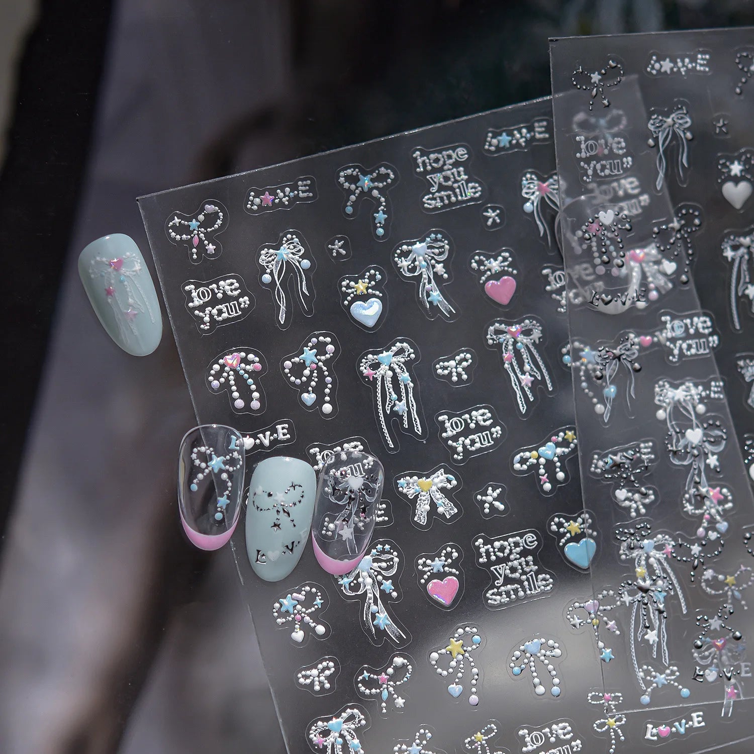 Metal Sticker Nail 3D Kawai Dreamy Star-dotted Butterfly Nail Charms Stickers 5D Ribbon With Love Embossed Nail Art Stickers DIY
