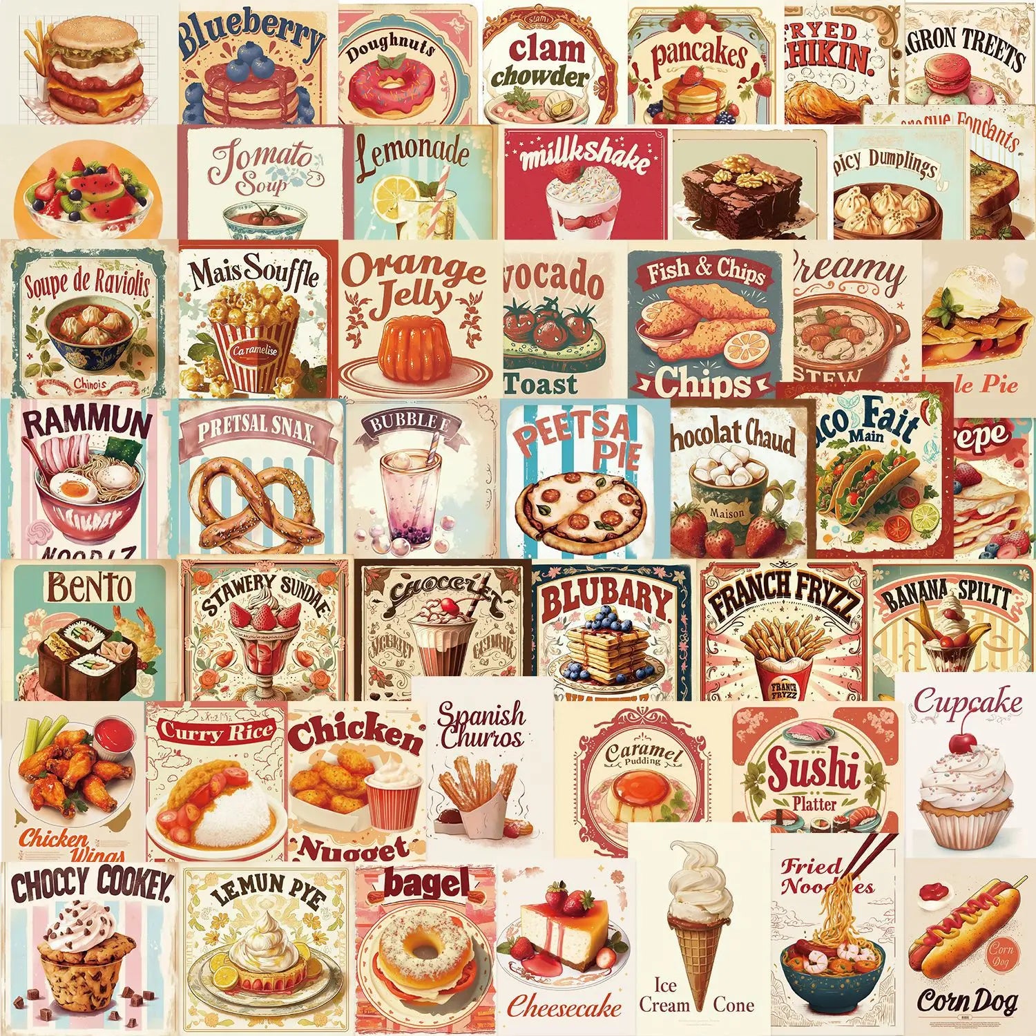 50/100PCS Waterproof Cartoon Retro Delicious Food Graffiti Stickers DIY for Decoration Guitar Notebook Luggage