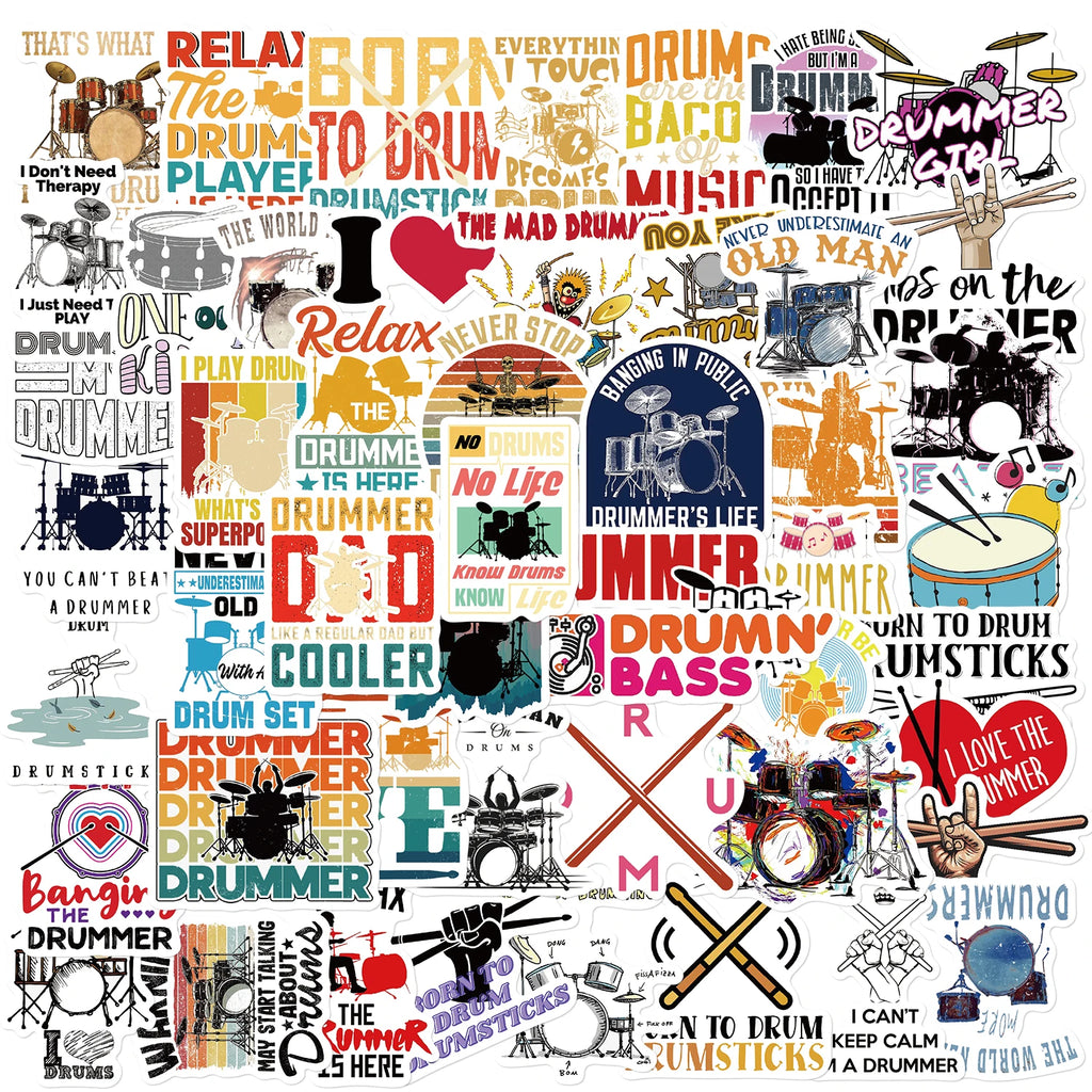 50pcs Drummer Rock Musician Sticker Nostalgia Waterproof Community Fruits Phone Banner Skateboard Luggage Car Dormitory Stickers