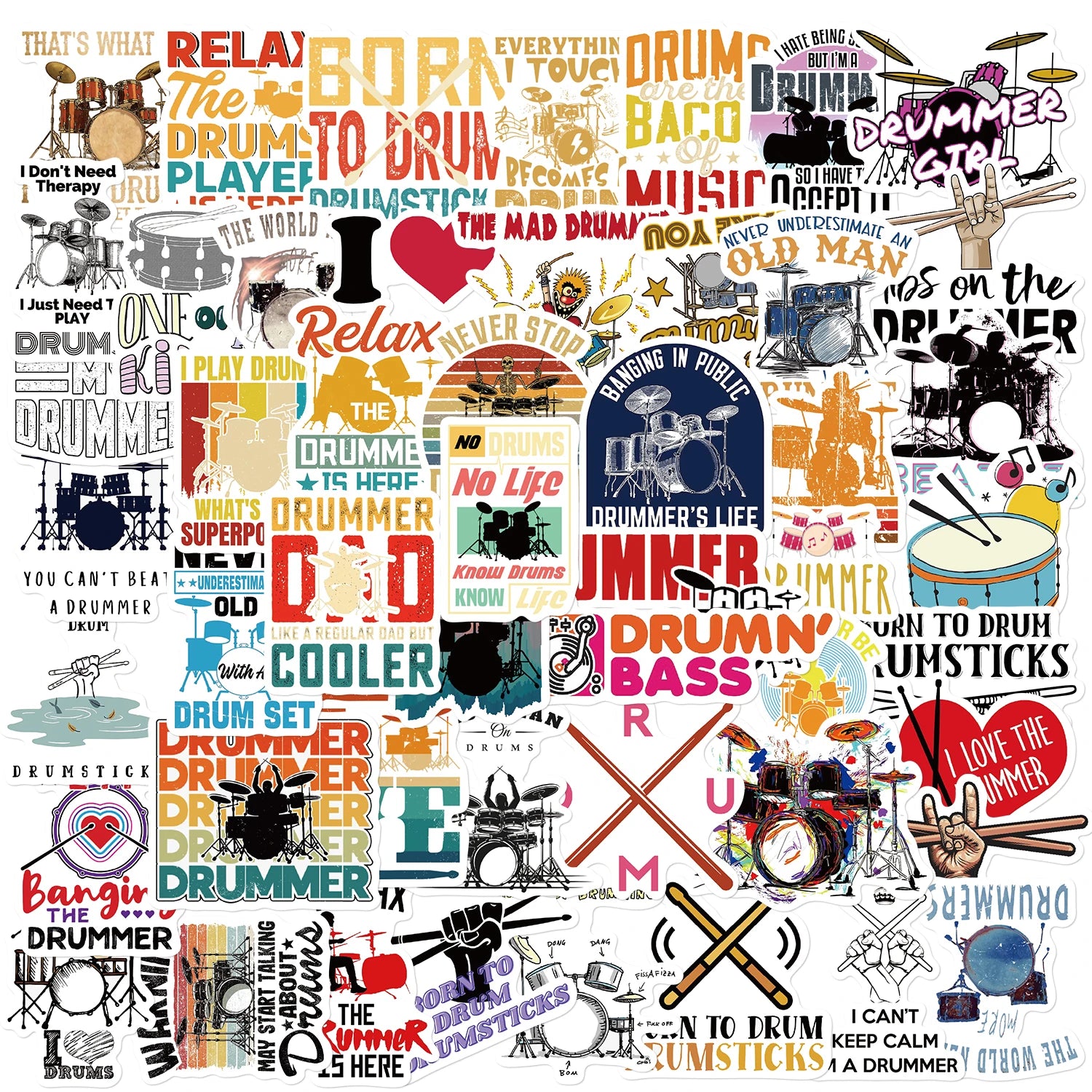 50pcs Drummer Rock Musician Sticker Nostalgia Waterproof Community Fruits Phone Banner Skateboard Luggage Car Dormitory Stickers