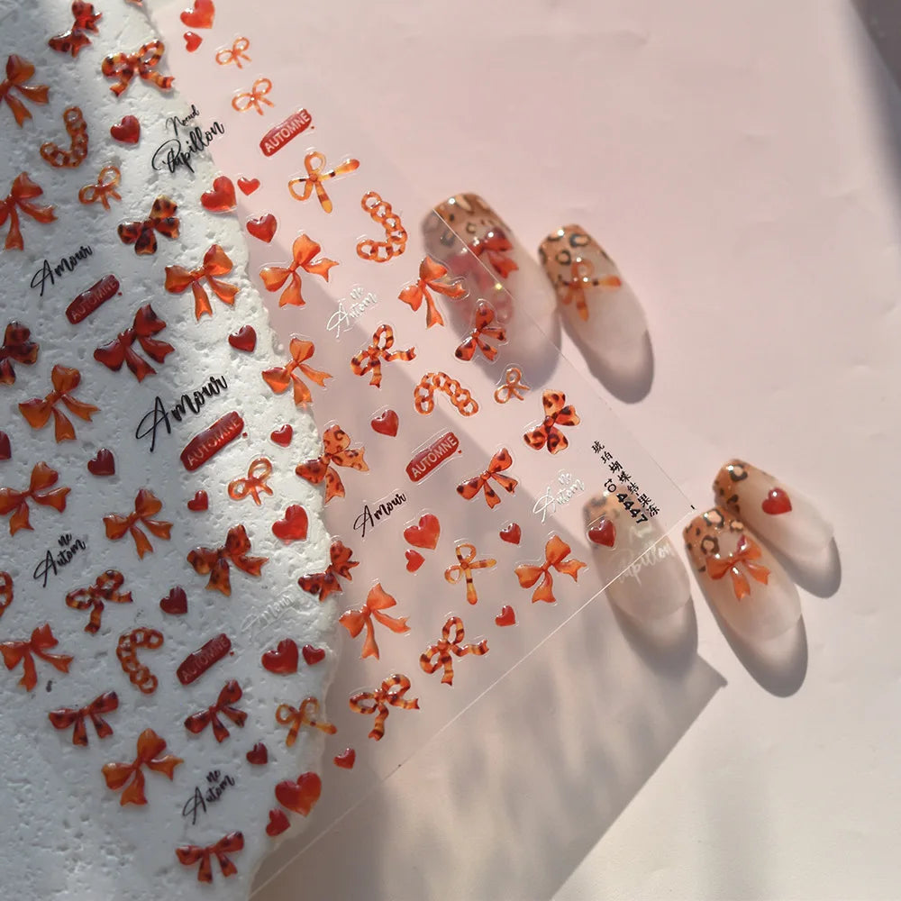 Autumn Winter Red Bows Nail Stickers 5D Jelly Amber Bows Cheery Self Adhesive Nail Art Stickers DIY Manicure Decorations Decals