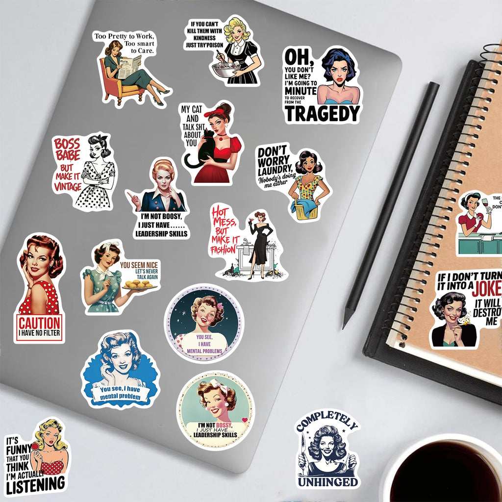 50PCS Retro 80s Woman Sarcastic Housewife Print Sticker Aesthetic Scrapbooking Graffiti Sticker Coffee Phone Greeting Stickers