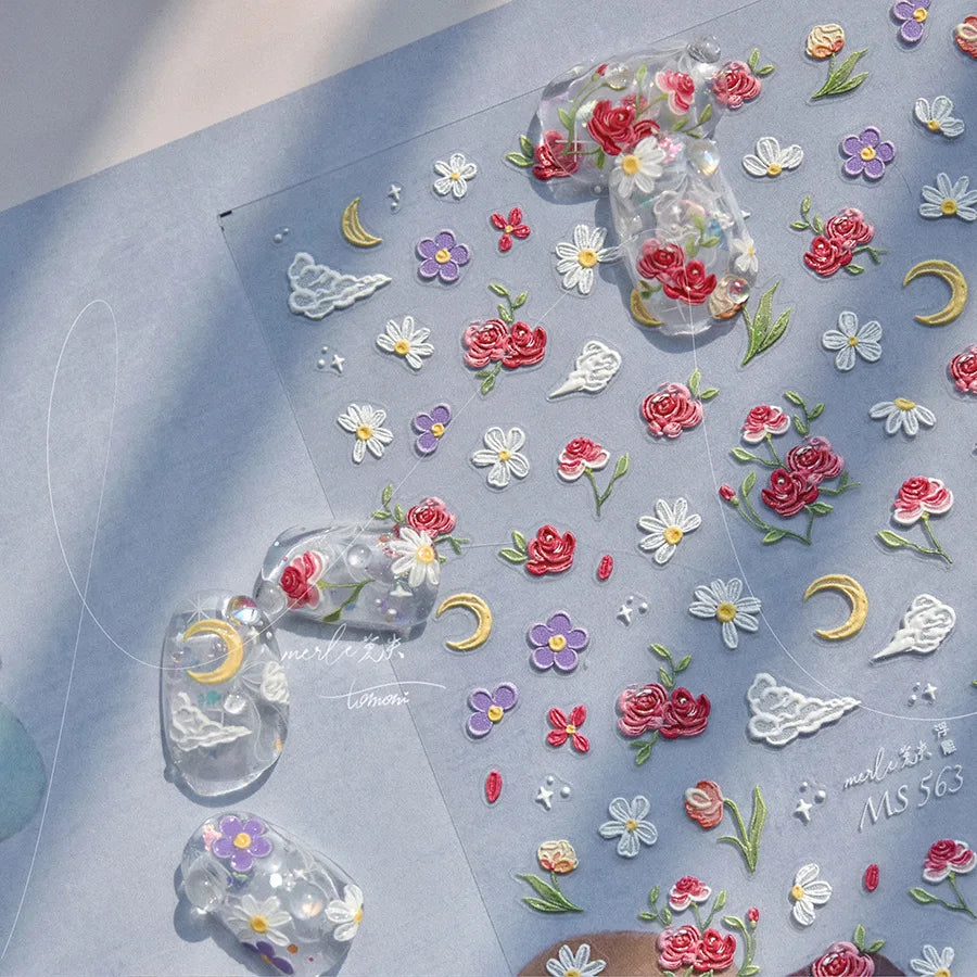 5D Embossed Nail Stickers Elegant Pink Flowers Self Adhesive Nails 3D Decorations Stickers DIY Charms Flowers Nails Art Decals