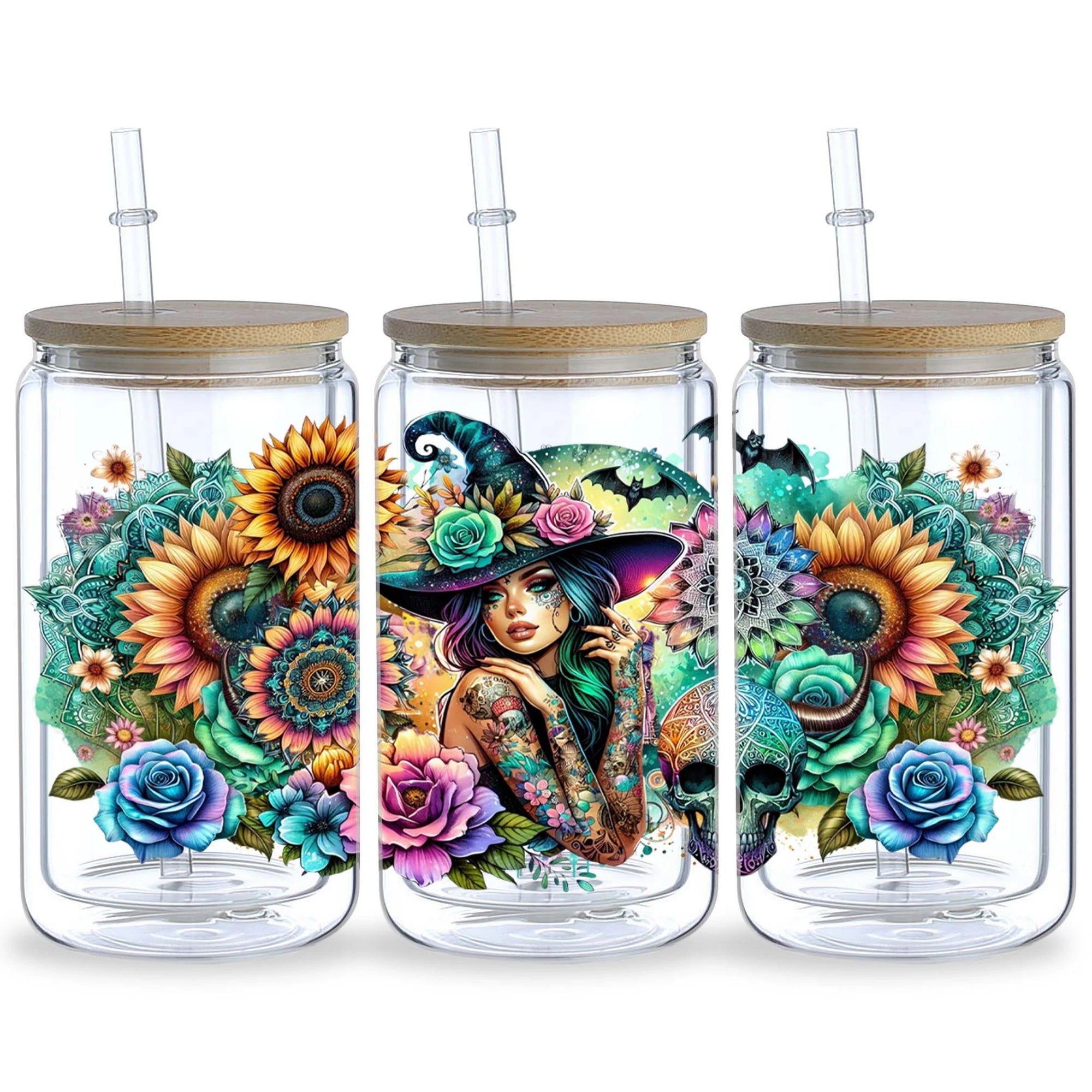 5 Sheets Halloween Witch UV DTF Glass Cup Wrap Transfer Stickers, DTF Transfer Stickers, Waterproof Wipe-Off Transfer