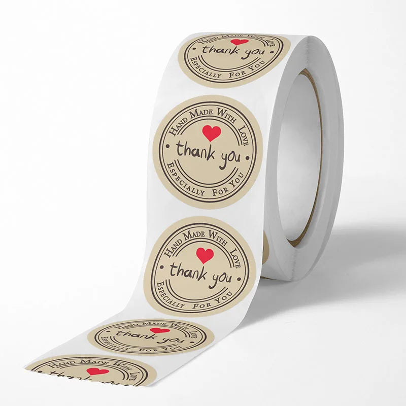 500Pcs Kraft Paper Handmade with Love Thank YOU Stickers DlY Decoration Label Perfect For Adorn Gifts and Baking Sealing