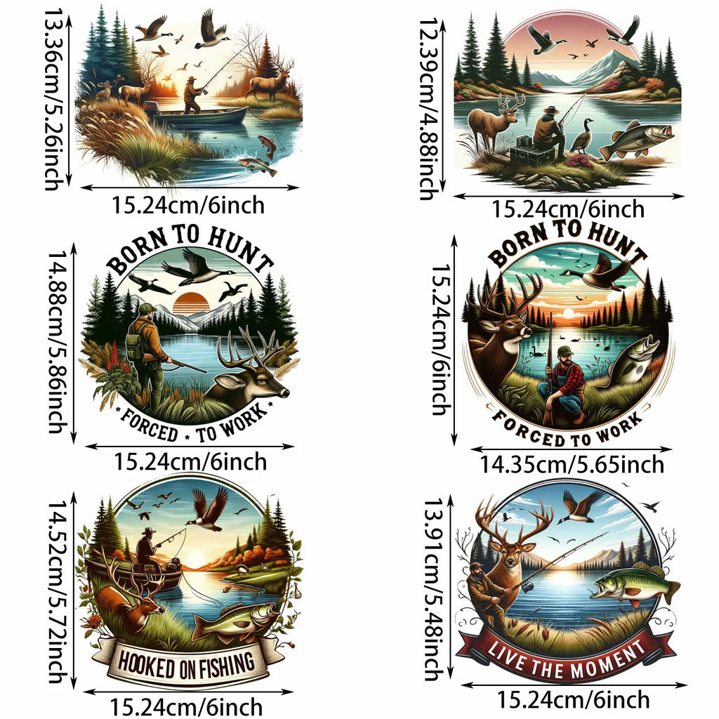 6 sheets Hunting Themed Iron-On Decals T-Shirt Heat Transfers for DIY, Deer, Fishing, Duck, T-Shirts, Masks, Jean, Backpack, Hat