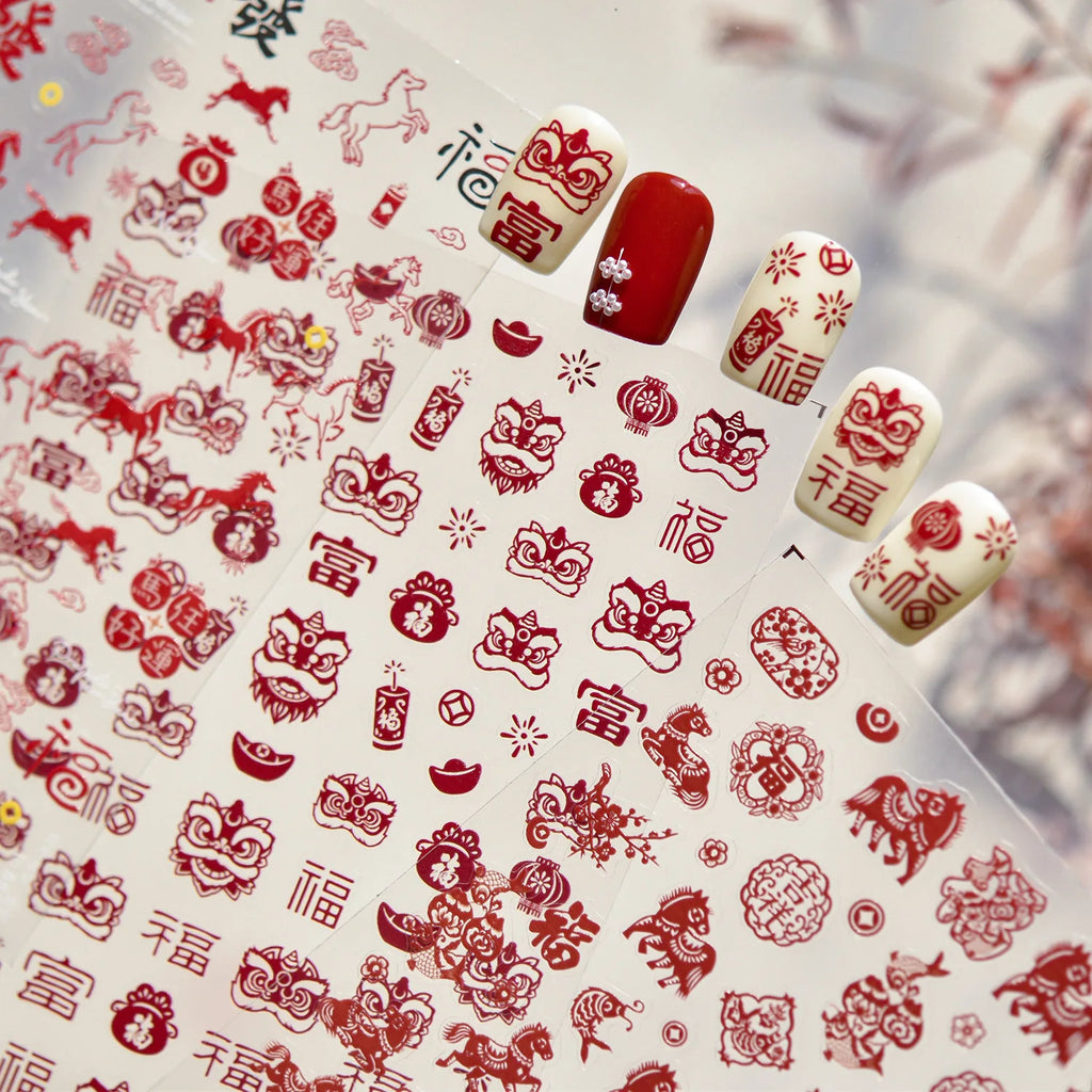 3D Thin and Tough Nail Stickers New Year Red Horse Paper-cutting Window Decorations Nail Art Stickers DIY Nails Accessory Decals