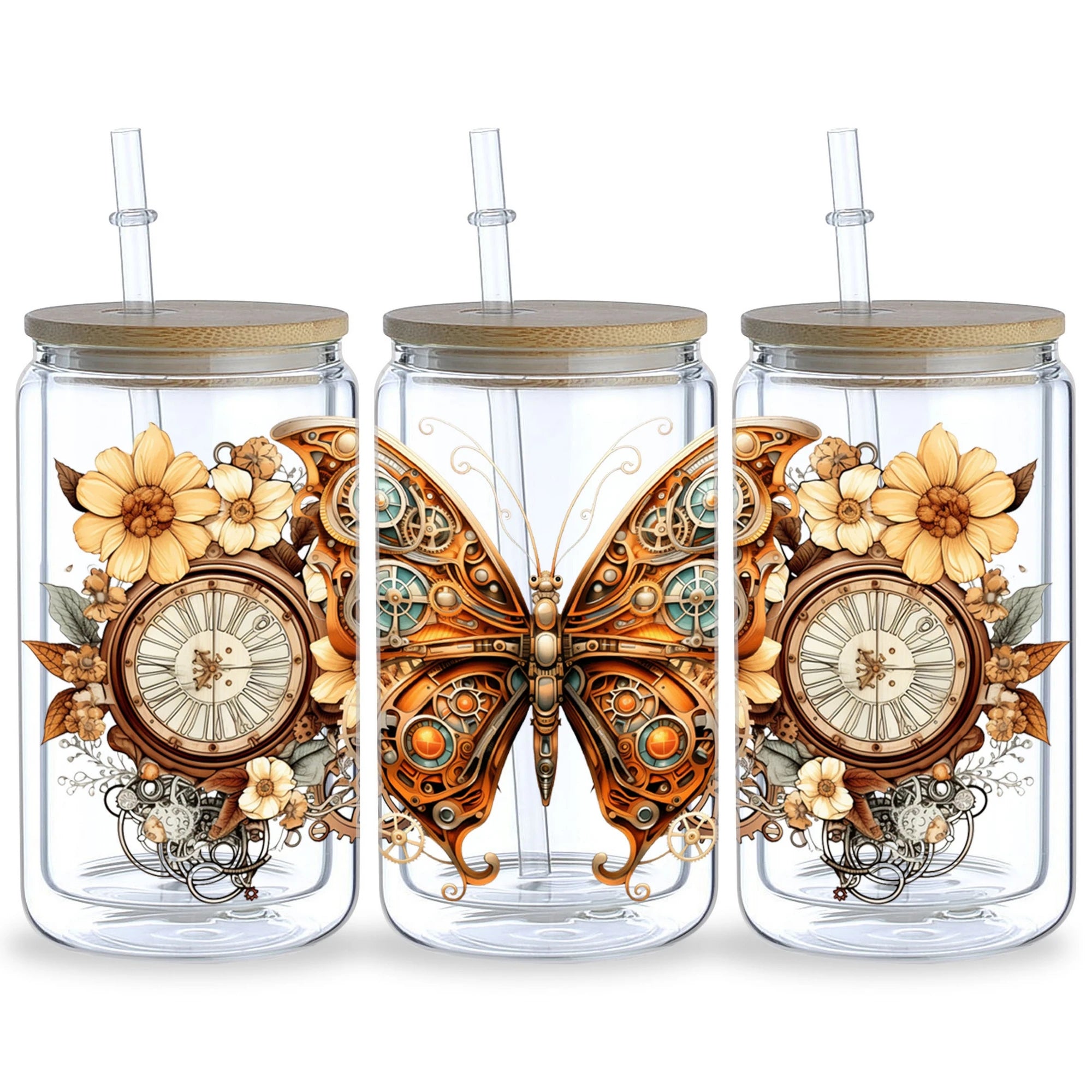 5 sheets Steampunk UV DTF Cup Stickers, DTF Friction Transfer Stickers, Waterproof Cartoon Transfer Stickers for 16oz Glass Cups