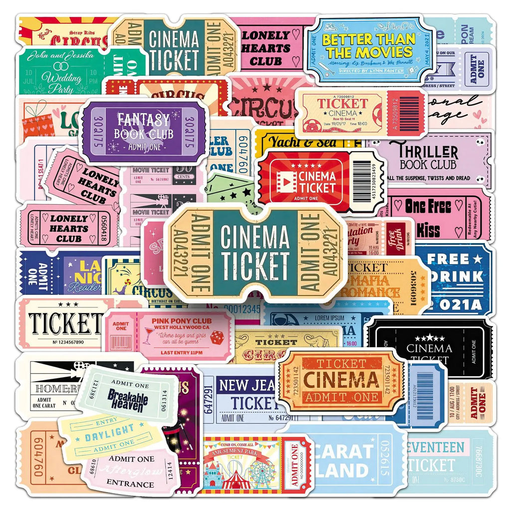50-Pack Creative Cartoon Ticket Stickers Waterproof DIY Graffiti Decals for Mobile Phones Guitars Helmets Luggage Notebooks