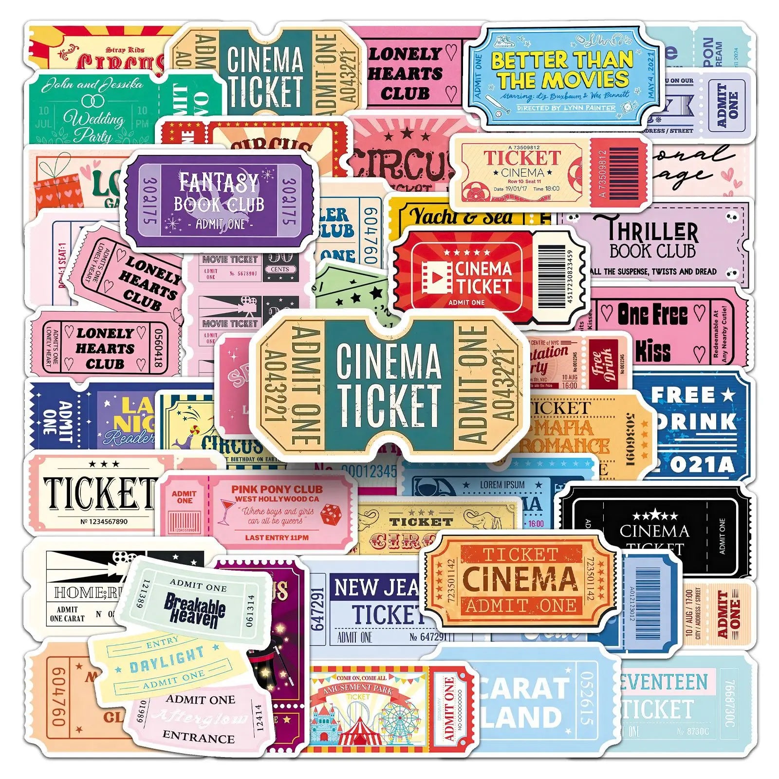 50-Pack Creative Cartoon Ticket Stickers Waterproof DIY Graffiti Decals for Mobile Phones Guitars Helmets Luggage Notebooks