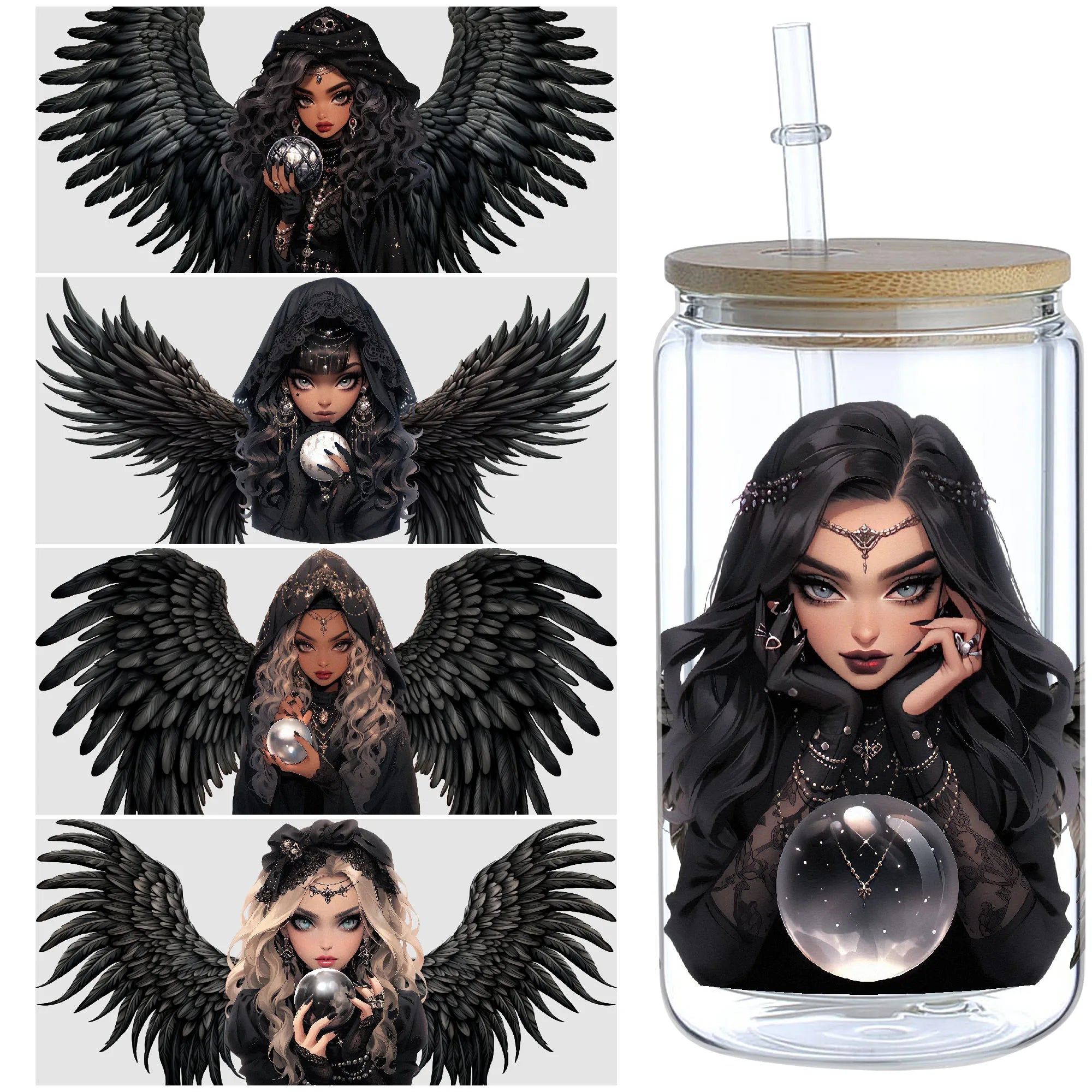 5 Sheets Dark Witch UV DTF Glass Cup Wrap Transfer Stickers, DTF Transfer Stickers, Waterproof Wipe Transfer Stickers